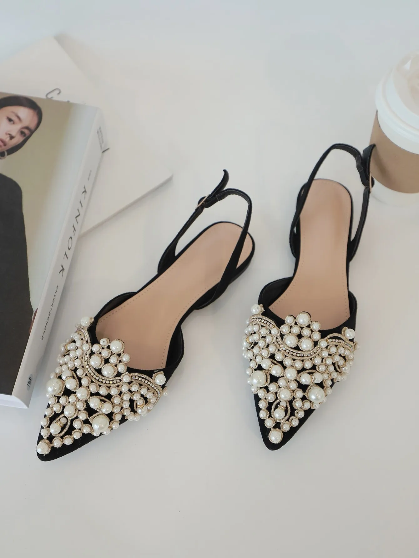 Faux Pearl & Rhinestone Decor Slingback Flats