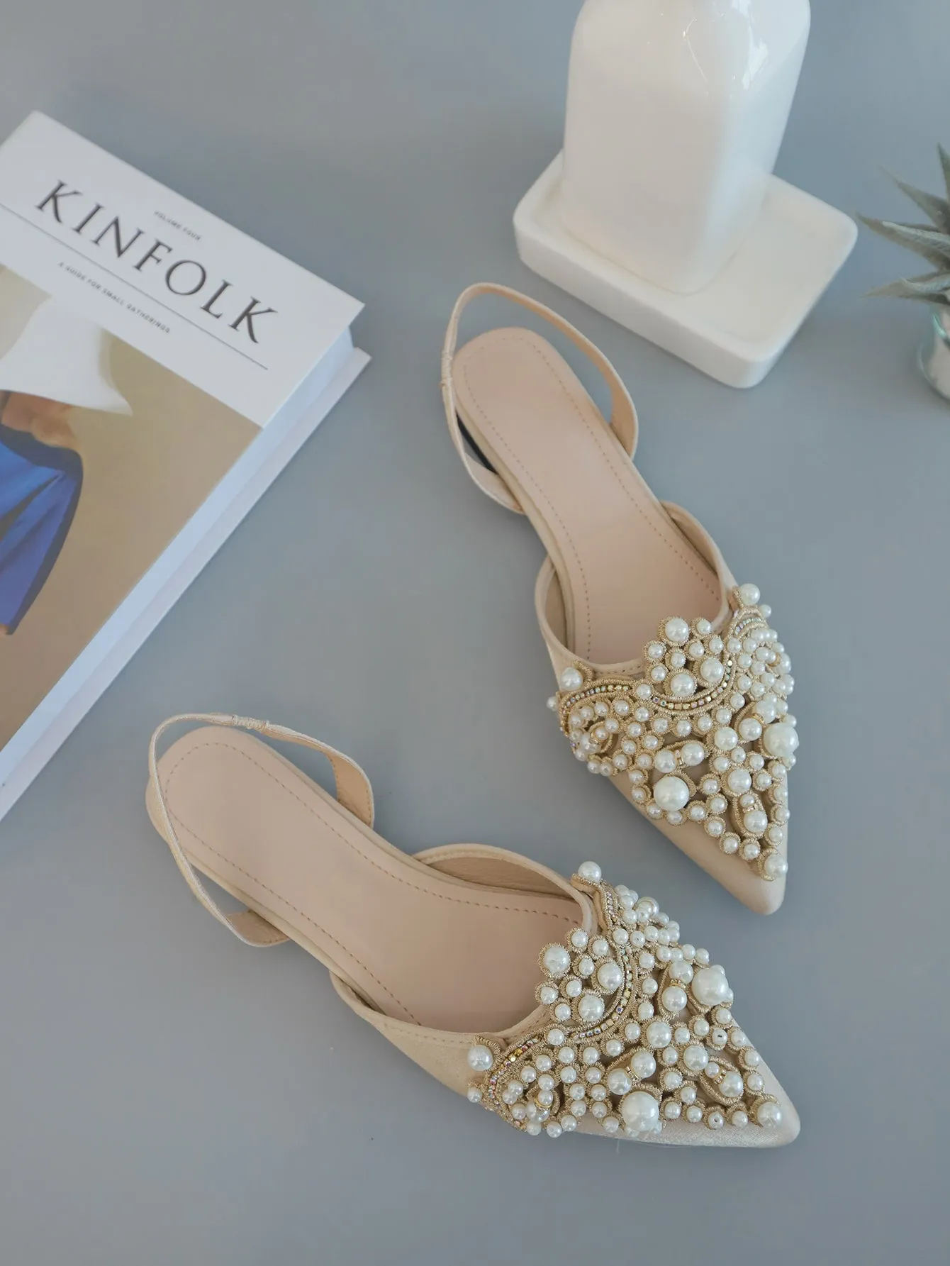 Faux Pearl & Rhinestone Decor Slingback Flats