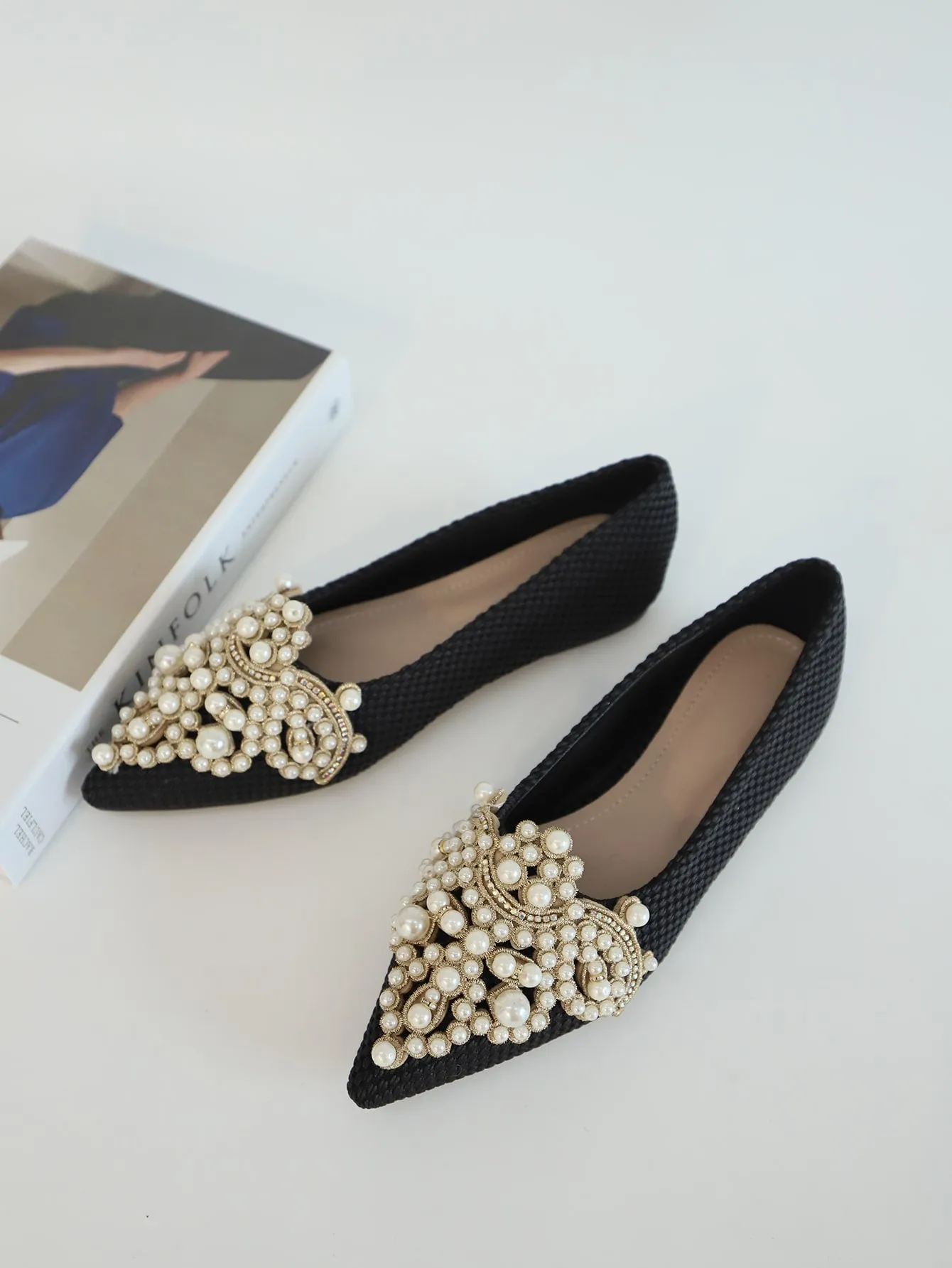 Faux Pearl & Rhinestone Decor Slingback Flats