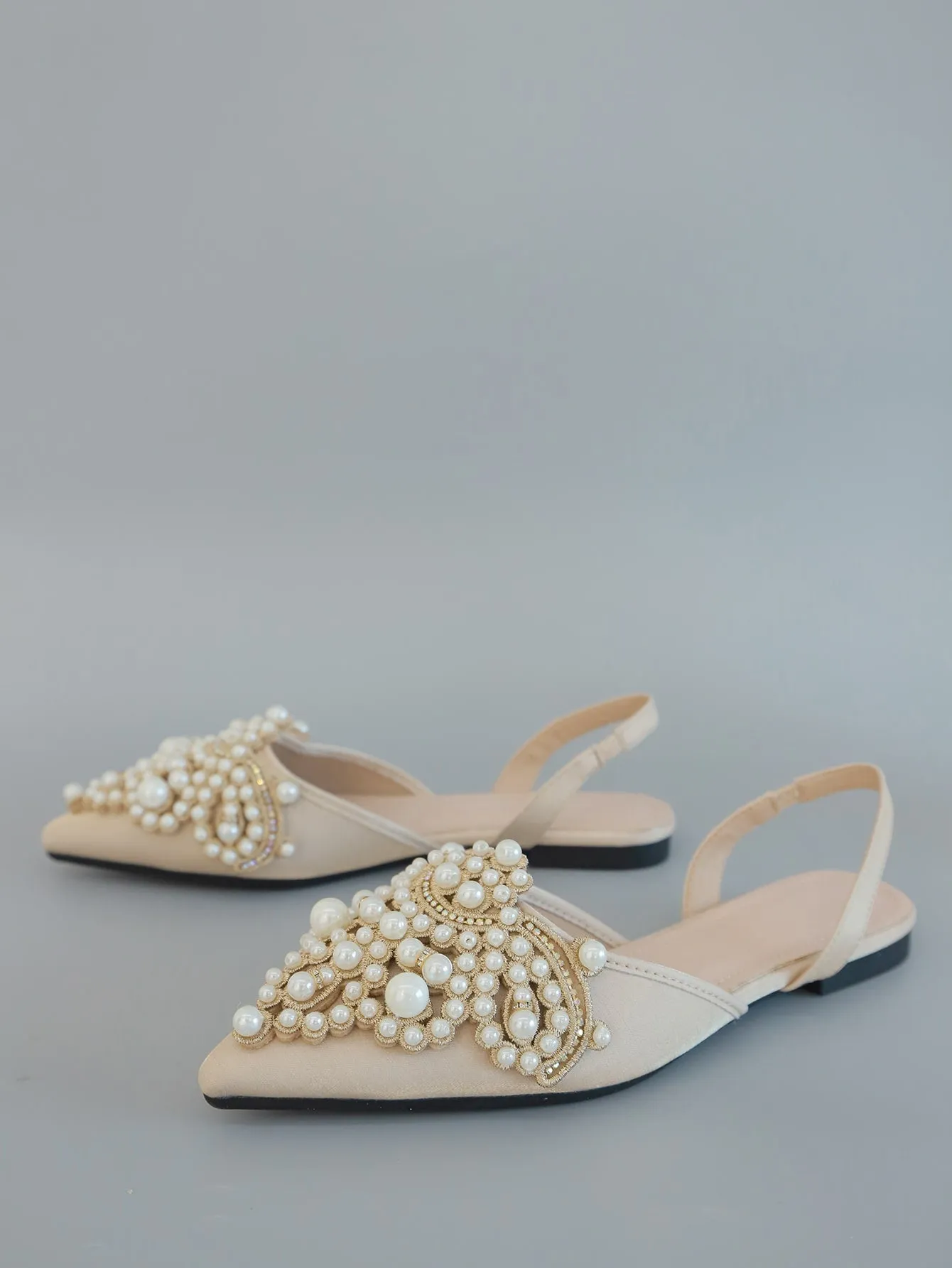 Faux Pearl & Rhinestone Decor Slingback Flats