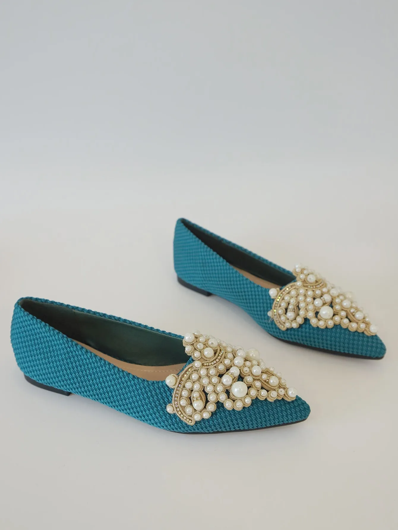 Faux Pearl & Rhinestone Decor Slingback Flats