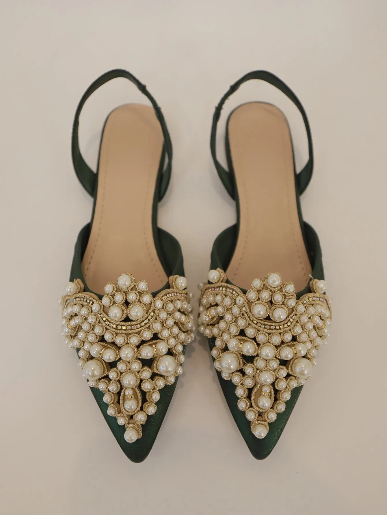 Faux Pearl & Rhinestone Decor Slingback Flats