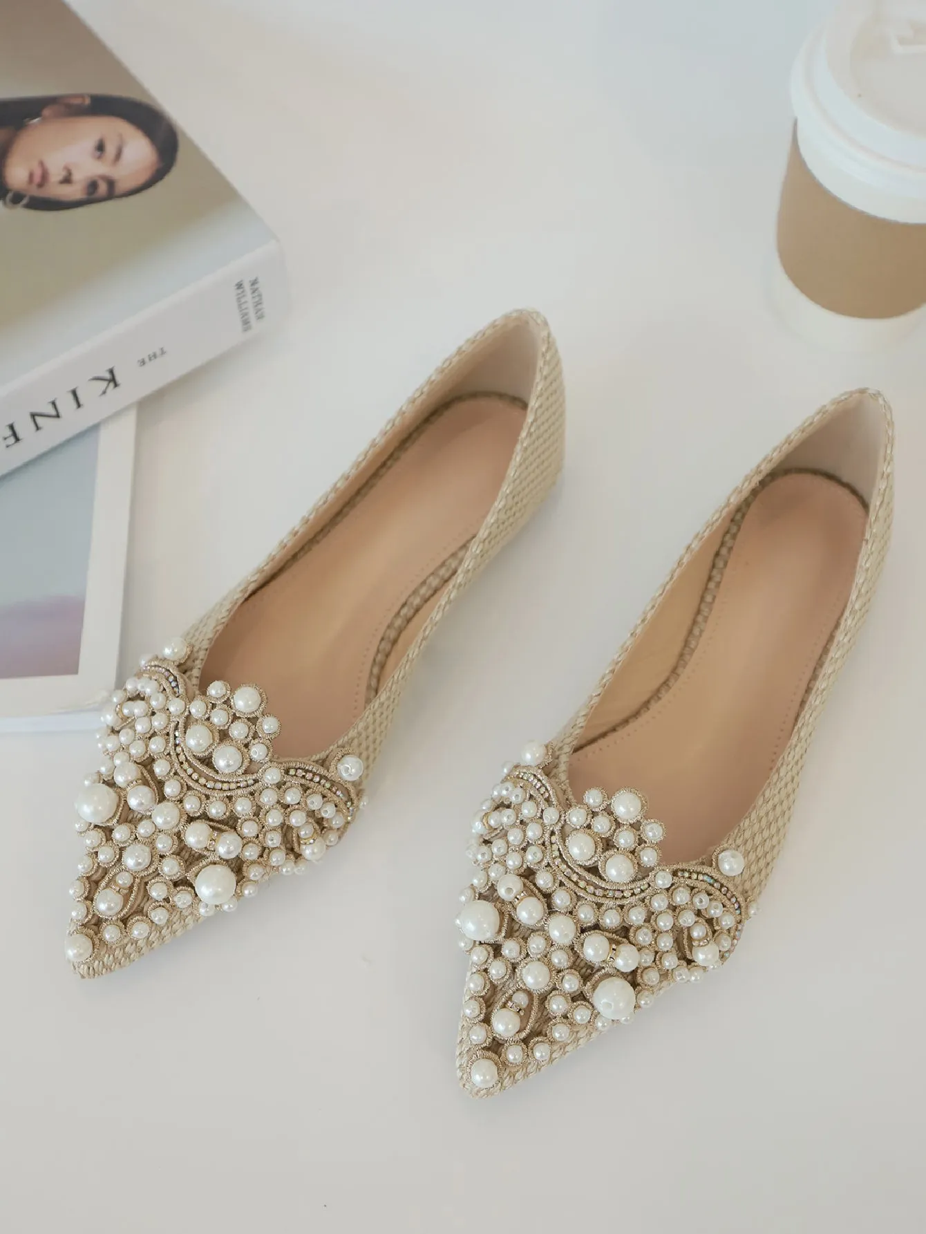 Faux Pearl & Rhinestone Decor Slingback Flats
