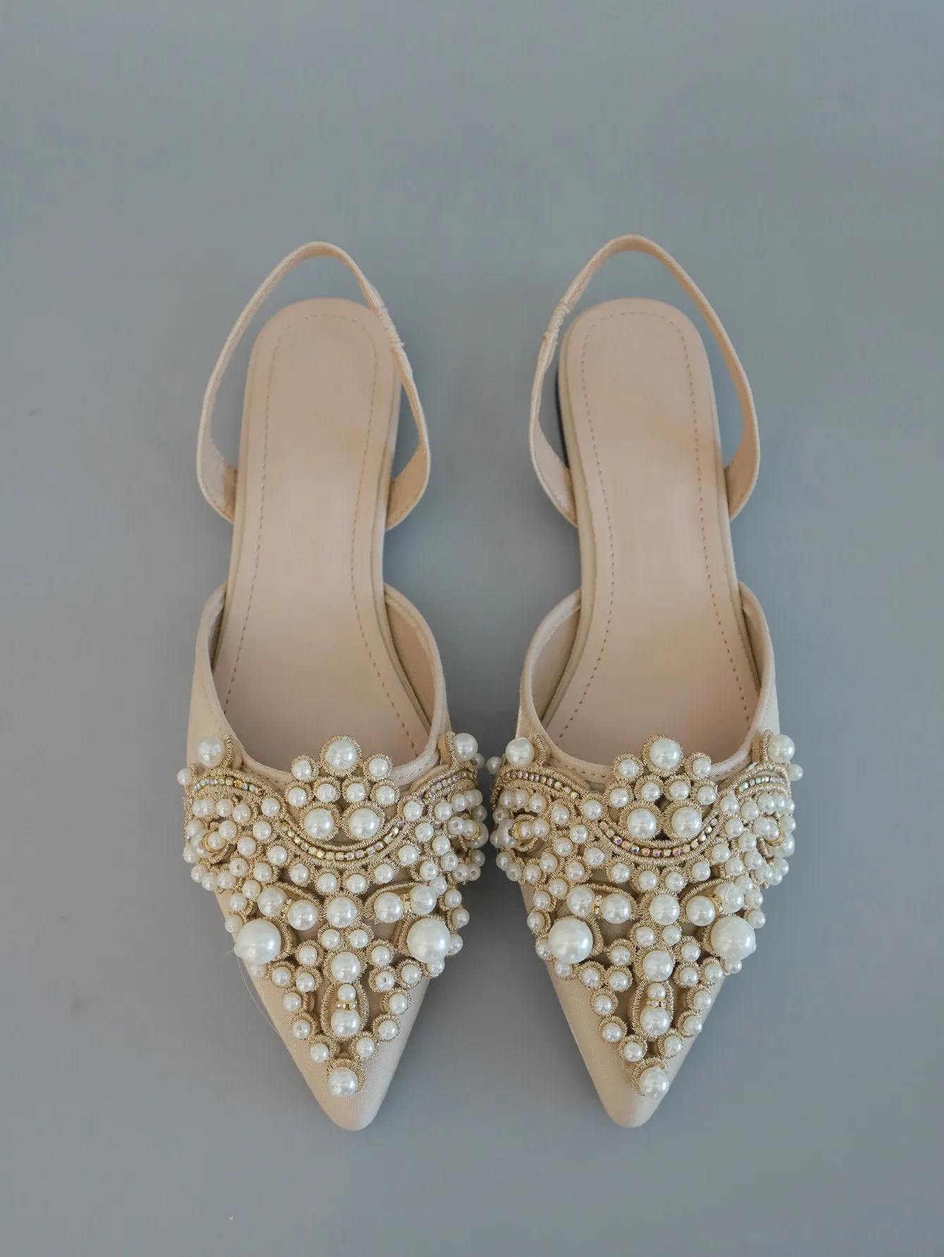 Faux Pearl & Rhinestone Decor Slingback Flats