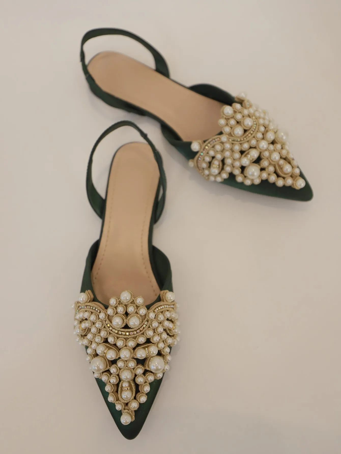 Faux Pearl & Rhinestone Decor Slingback Flats