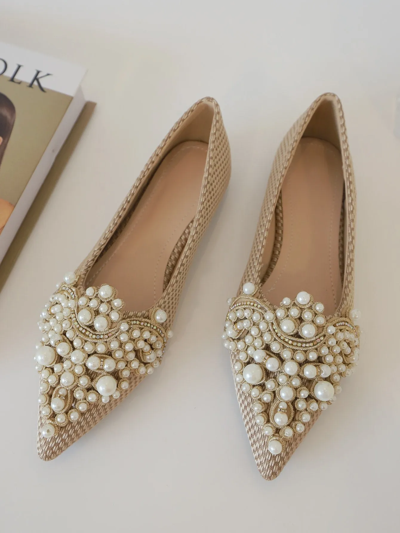 Faux Pearl & Rhinestone Decor Slingback Flats