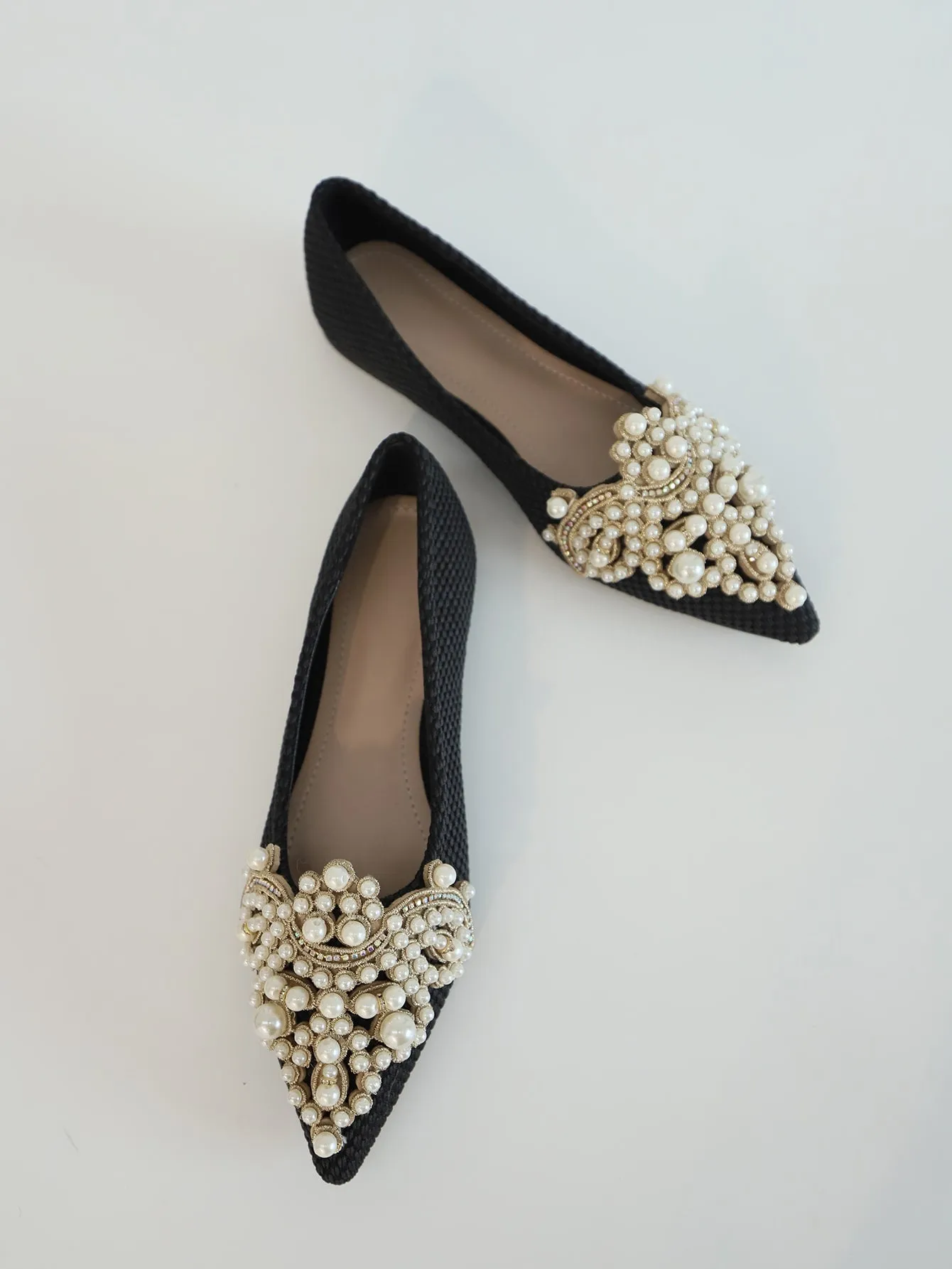 Faux Pearl & Rhinestone Decor Slingback Flats