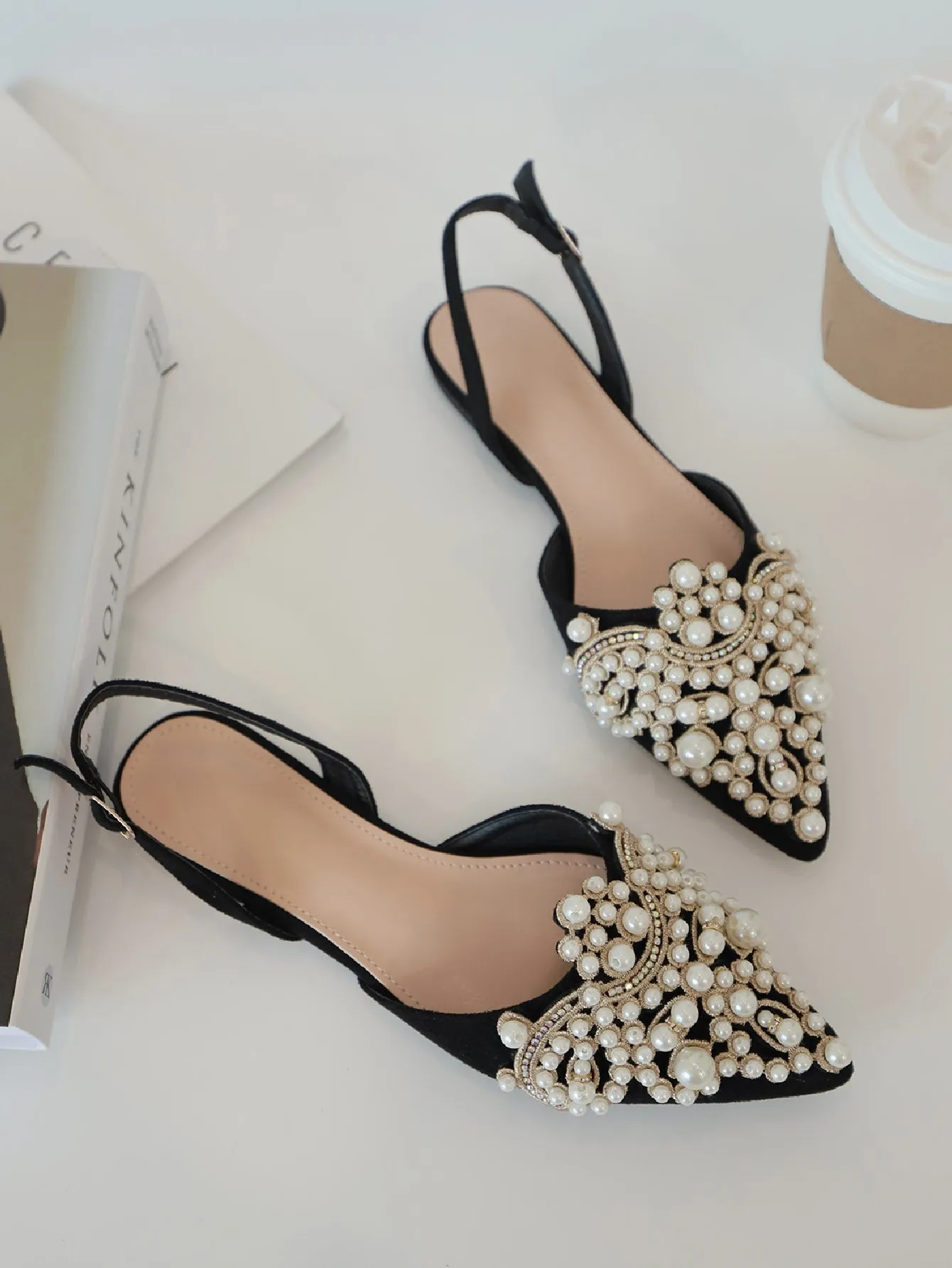 Faux Pearl & Rhinestone Decor Slingback Flats