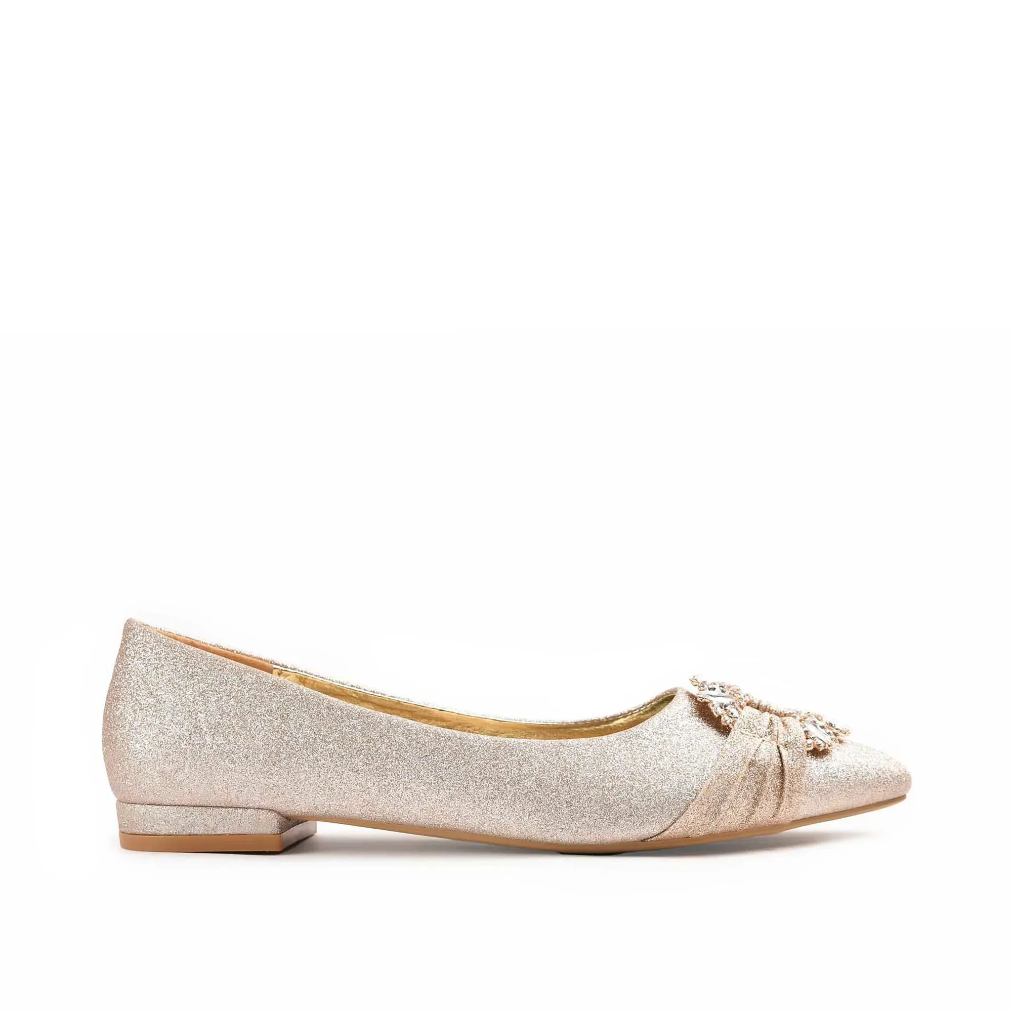 Glamorous Gold Glitter Flats with Crystal Embellishment | 468M-X