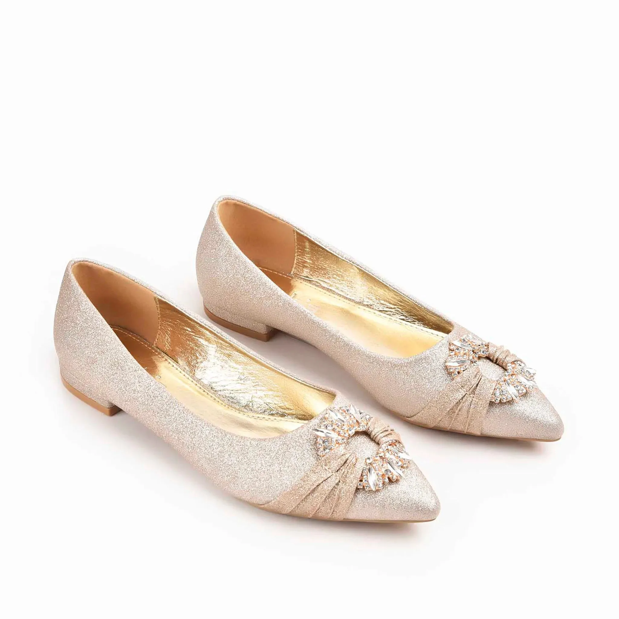 Glamorous Gold Glitter Flats with Crystal Embellishment | 468M-X