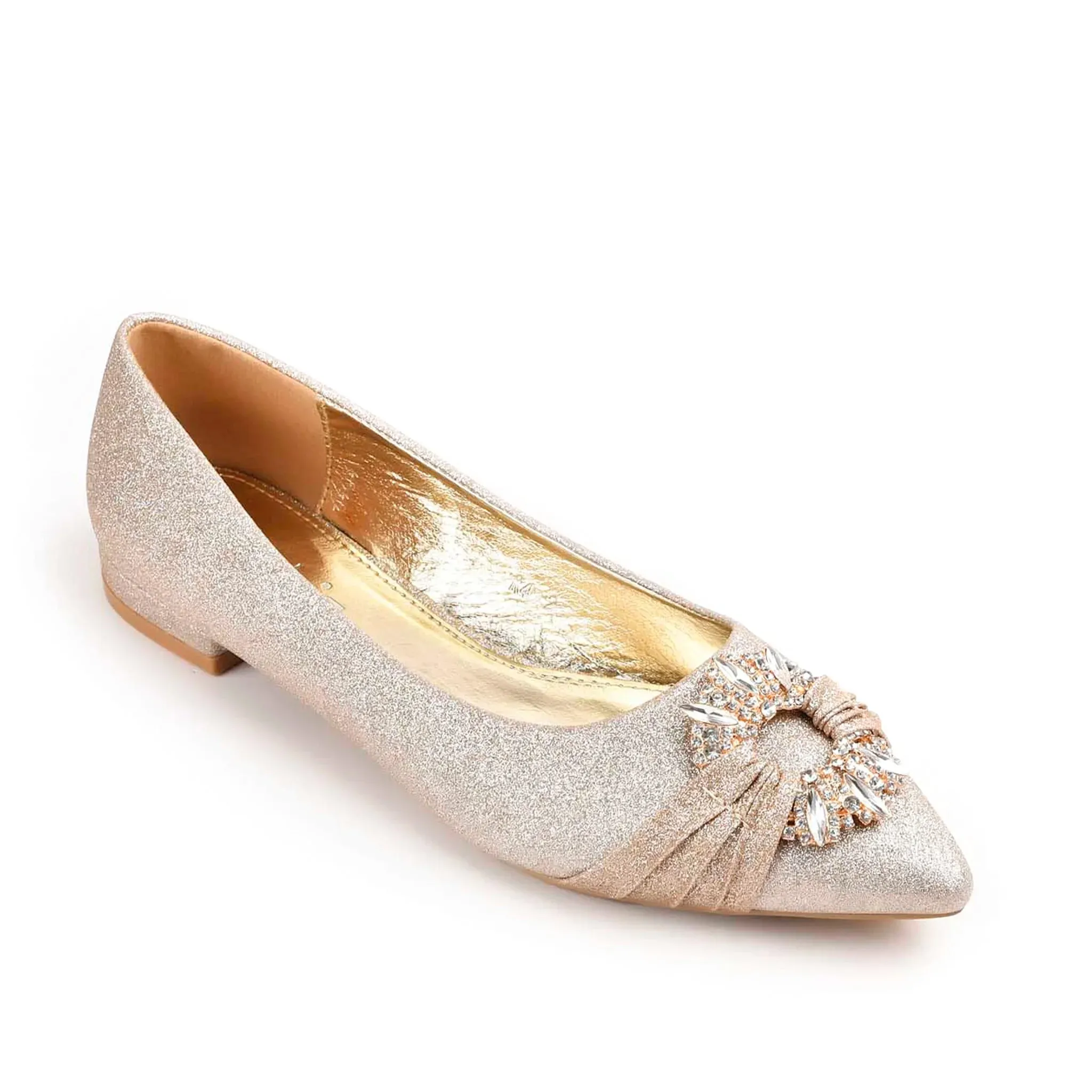 Glamorous Gold Glitter Flats with Crystal Embellishment | 468M-X