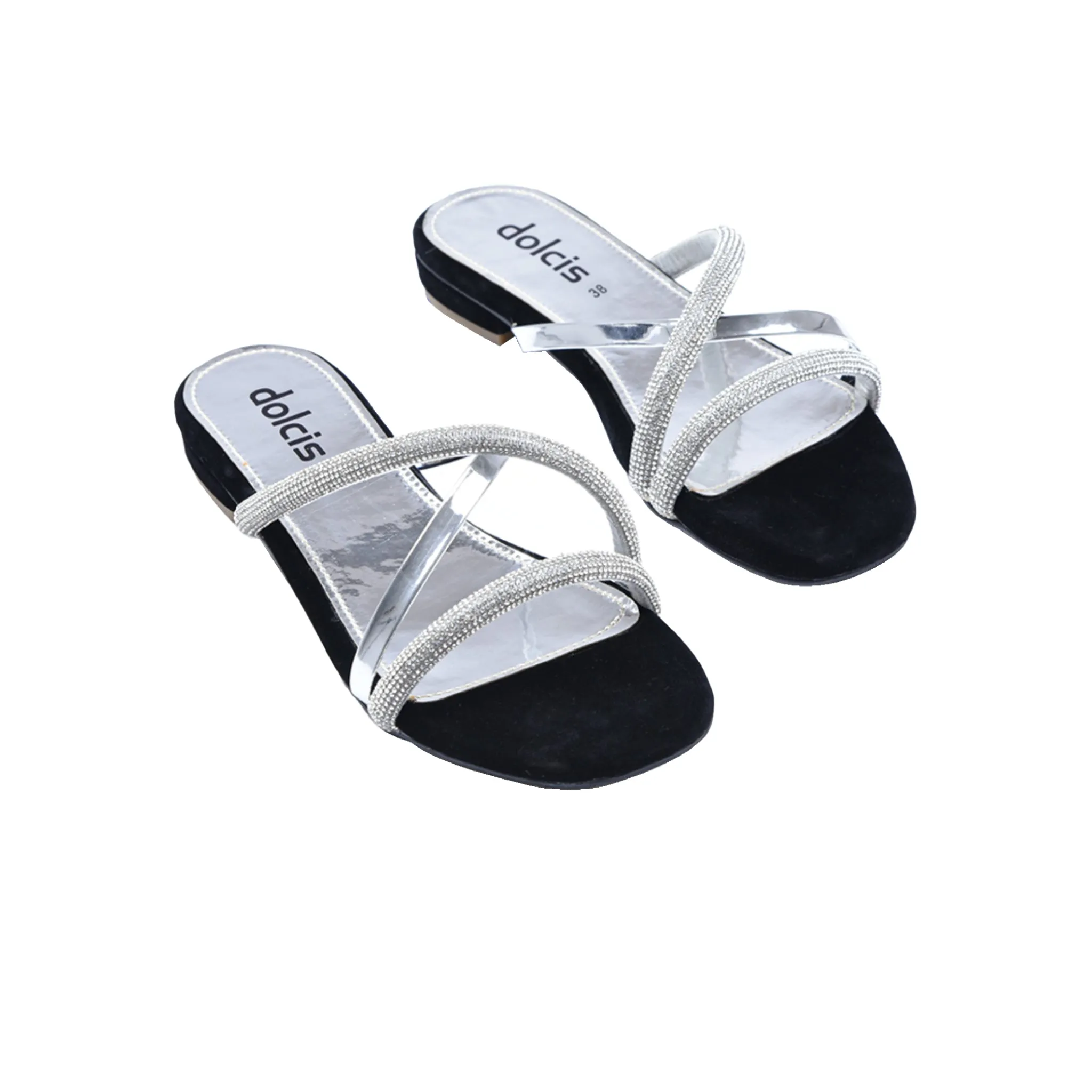 Glamorous Silver Strappy Flats | 515J-C