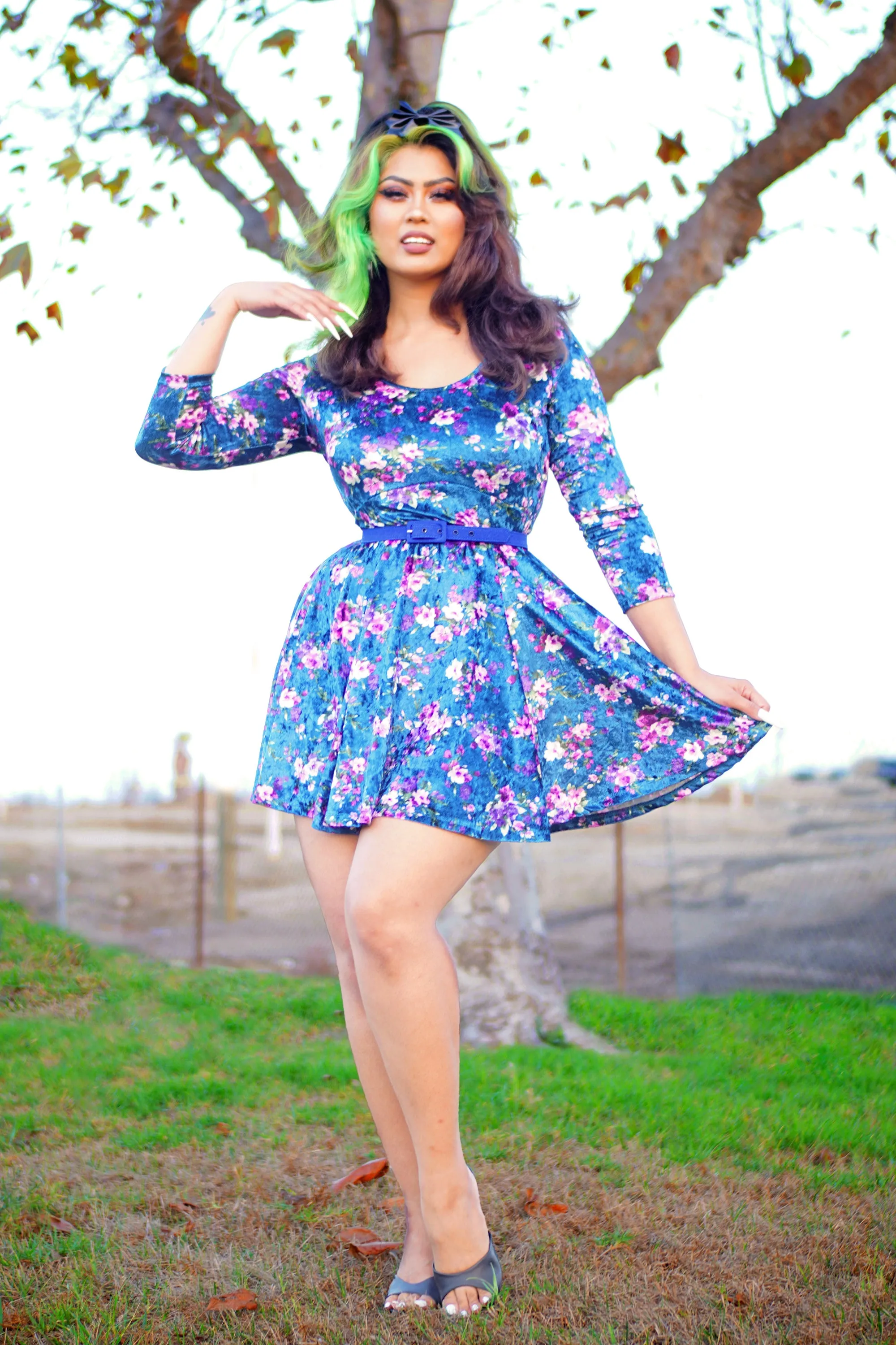 Hannah Babydoll Mini Dress in Blue Floral Stretch Velvet | Laura Byrnes Design