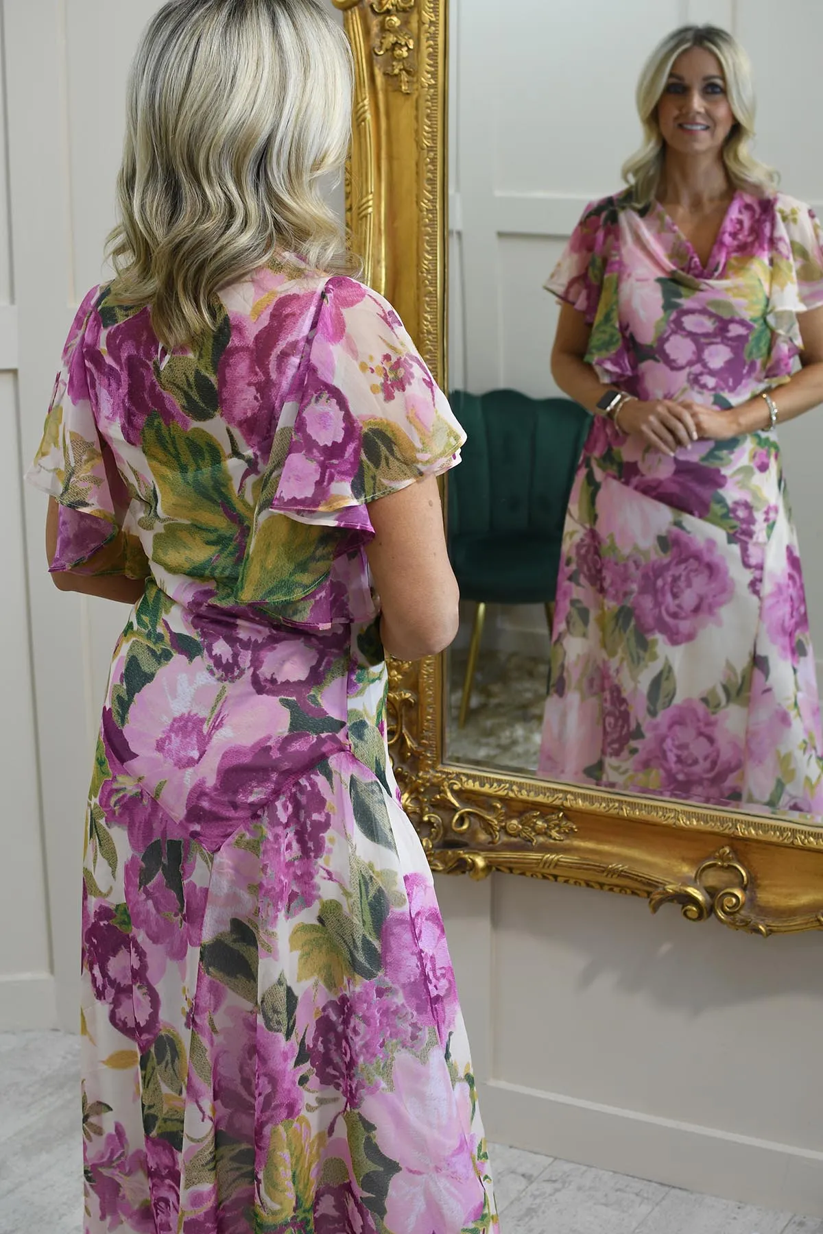 Hope & Ivy Pink Floral Cowl Neck Dress With Angel Sleeve- Cecillia