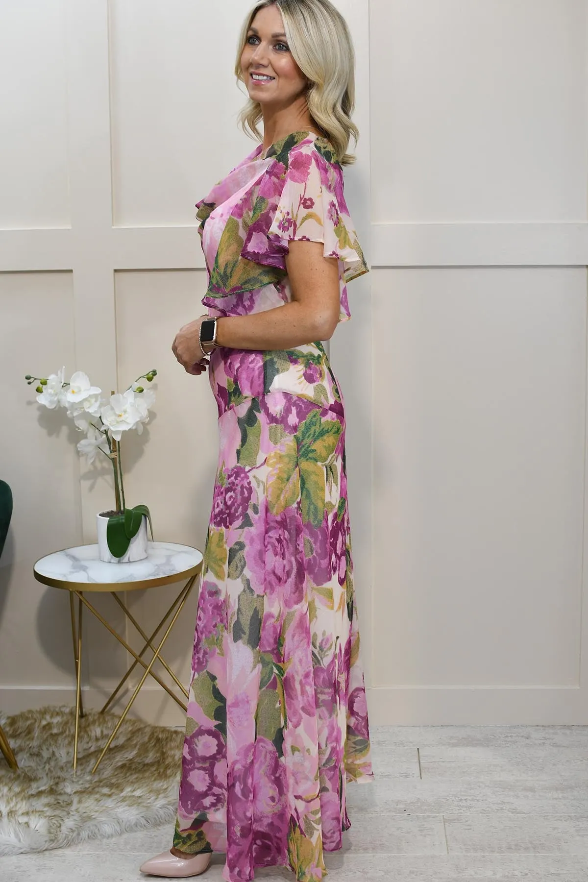 Hope & Ivy Pink Floral Cowl Neck Dress With Angel Sleeve- Cecillia