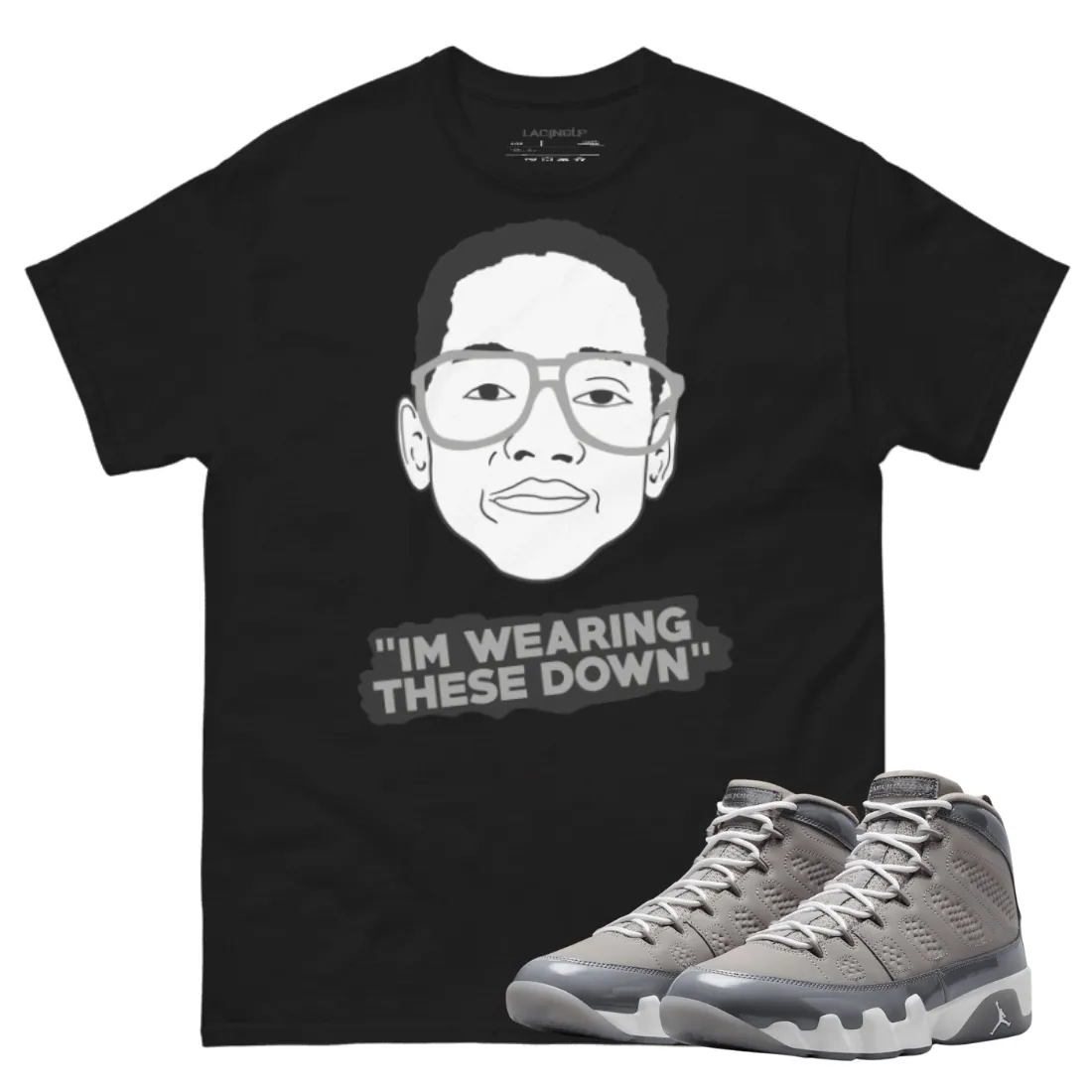 Jordan 9 Cool Grey wearing black t-shirt