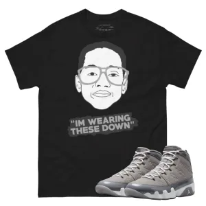 Jordan 9 Cool Grey wearing black t-shirt