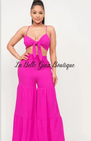 June Open Front Tie Top and Wide Flare Pants Set-Fuchsia