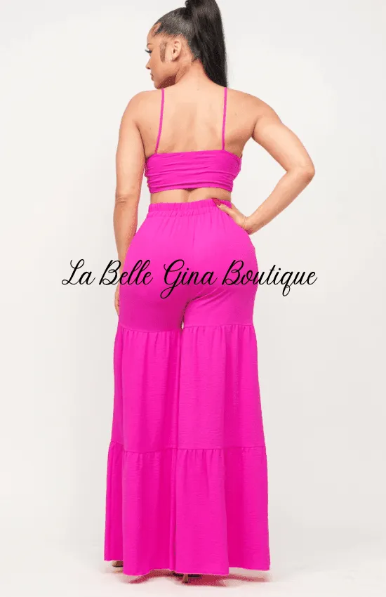 June Open Front Tie Top and Wide Flare Pants Set-Fuchsia