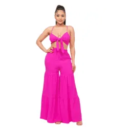 June Open Front Tie Top and Wide Flare Pants Set-Fuchsia