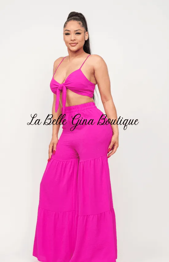 June Open Front Tie Top and Wide Flare Pants Set-Fuchsia