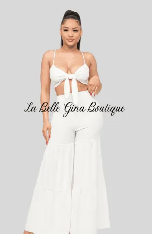 June Open Front Tie Top and Wide Flare Pants Set-White