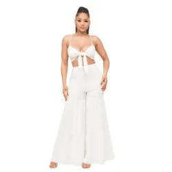 June Open Front Tie Top and Wide Flare Pants Set-White