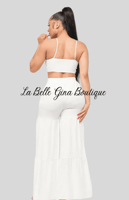 June Open Front Tie Top and Wide Flare Pants Set-White