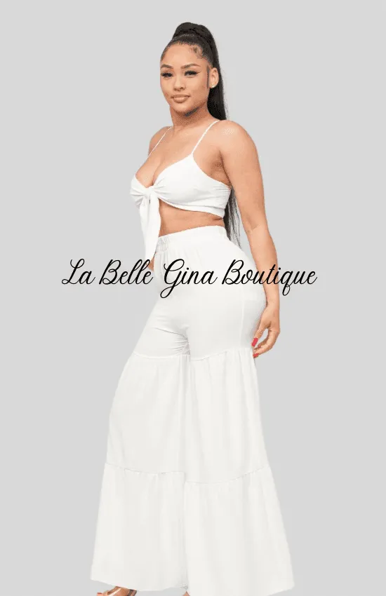 June Open Front Tie Top and Wide Flare Pants Set-White