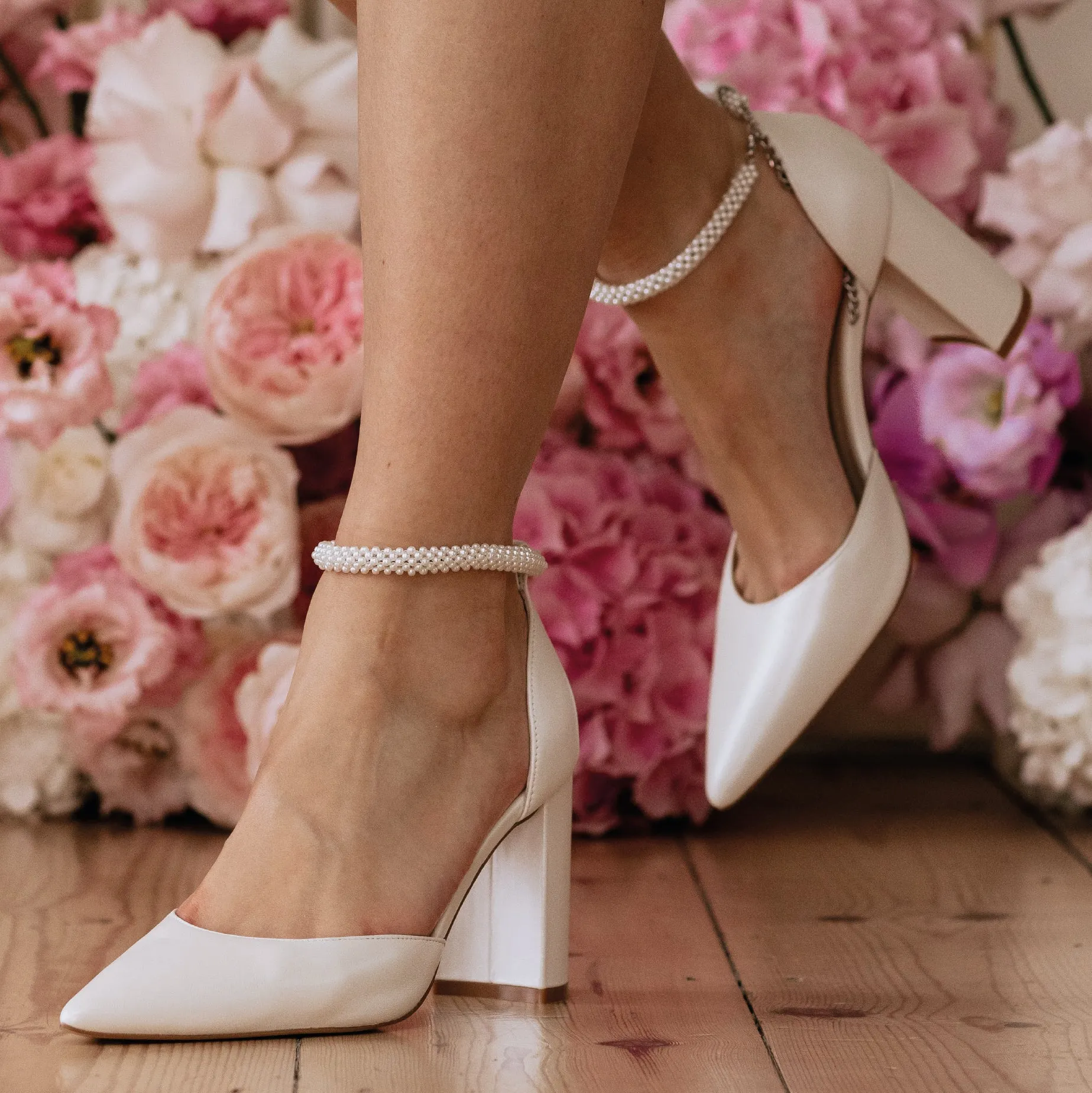 London - Pearl Strap Pointed Toe Bridal Block Heels