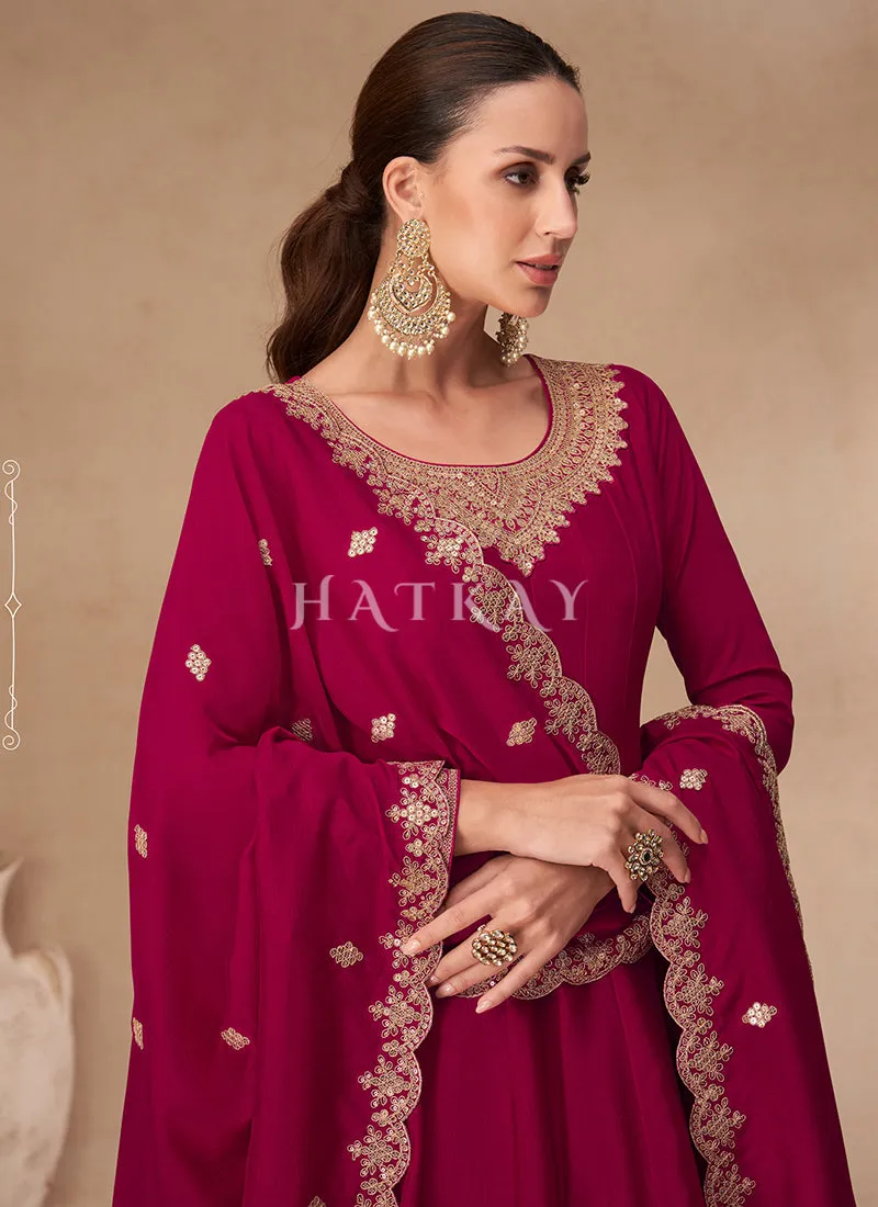 Magenta Golden Embroidery Anarkali Suit