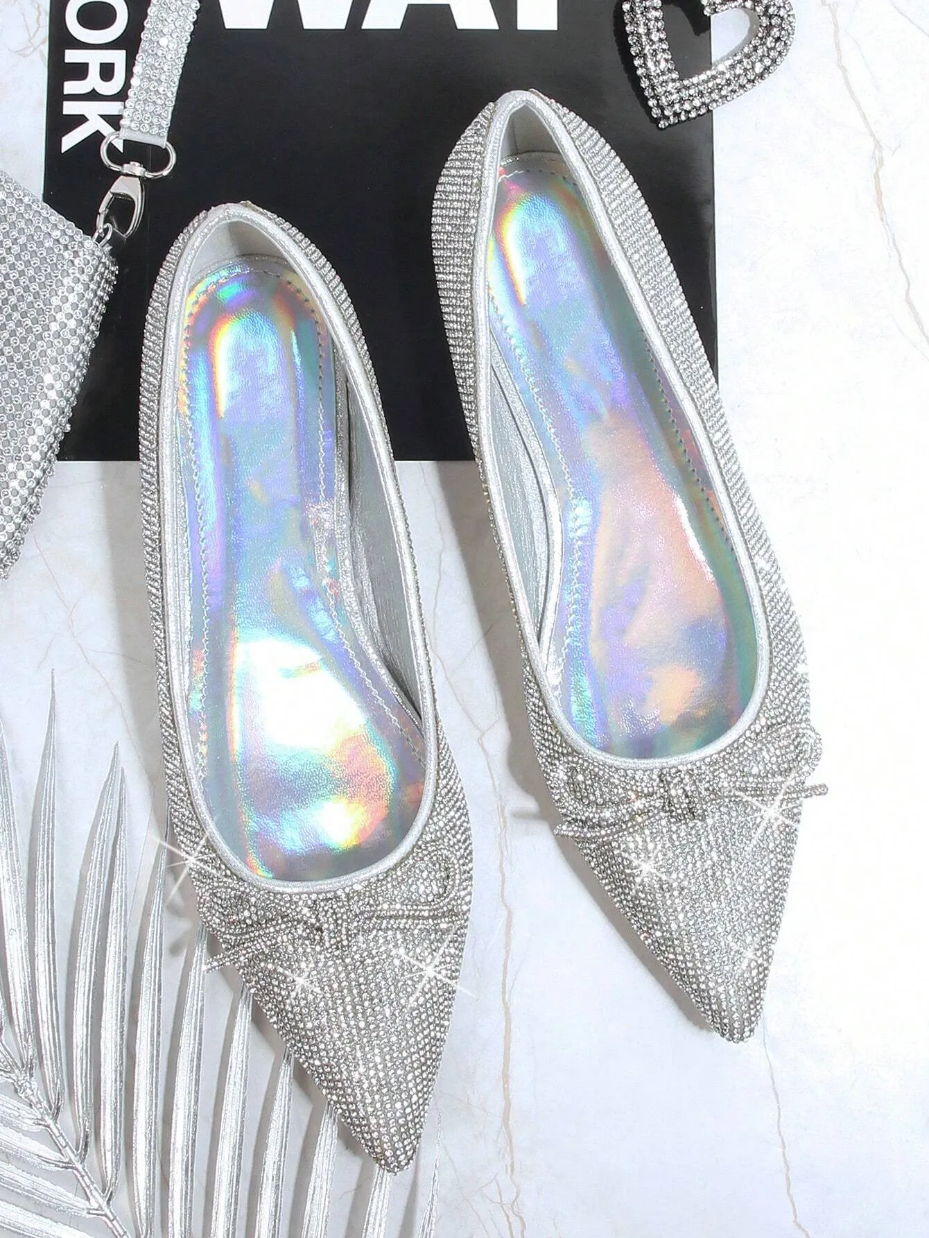 Rhinestone & Bow Decor Point Toe Ballet Flats