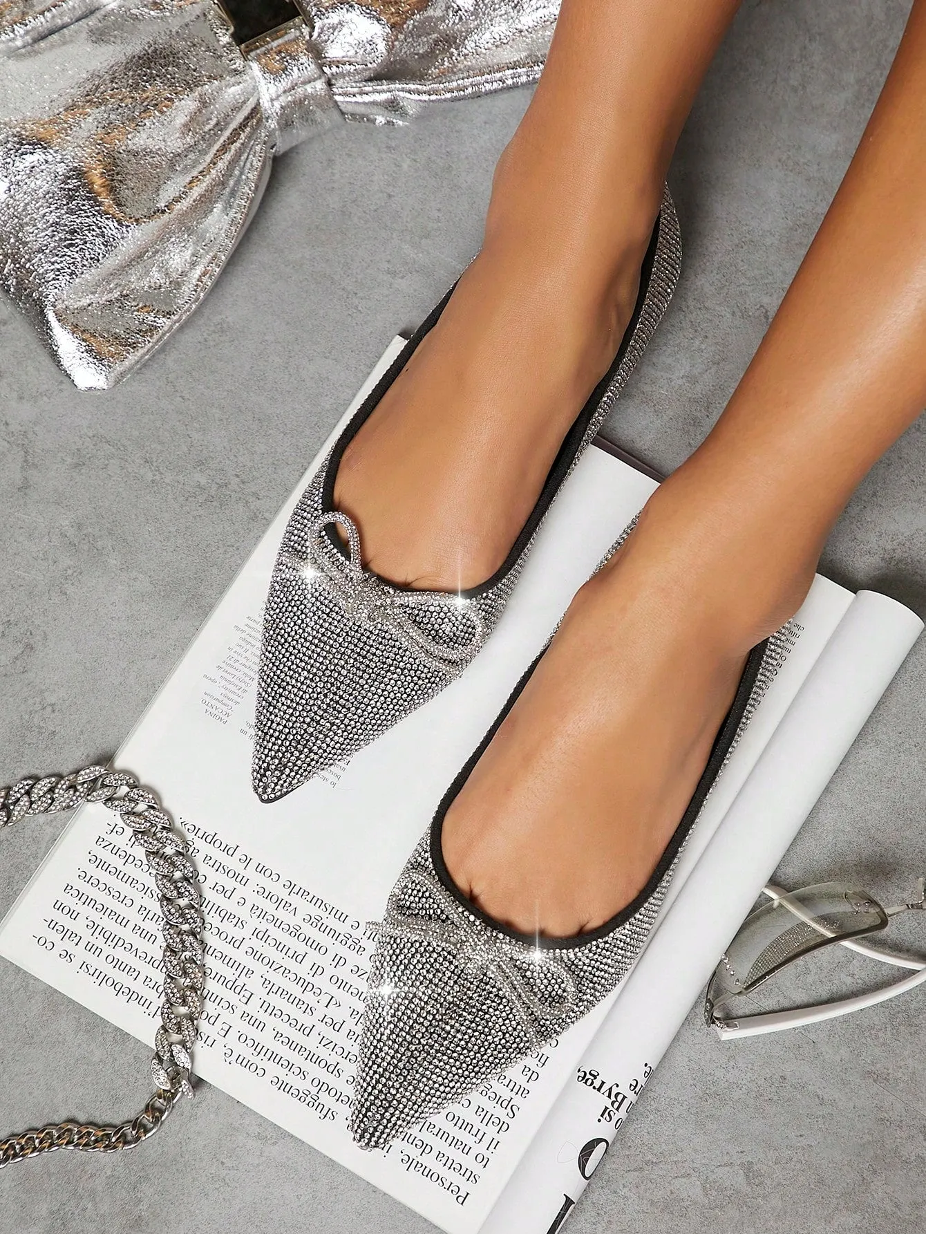 Rhinestone & Bow Decor Point Toe Ballet Flats