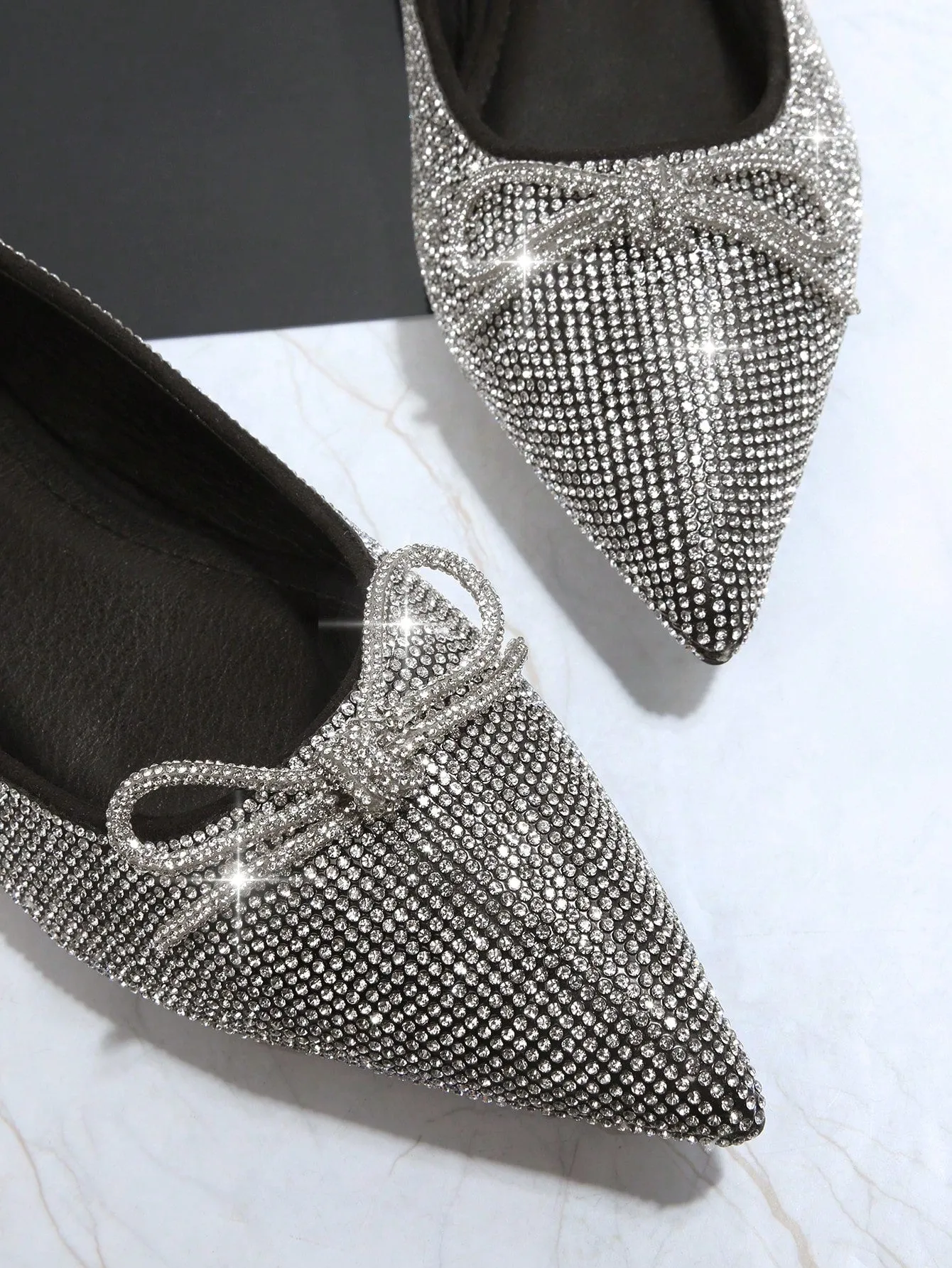 Rhinestone & Bow Decor Point Toe Ballet Flats