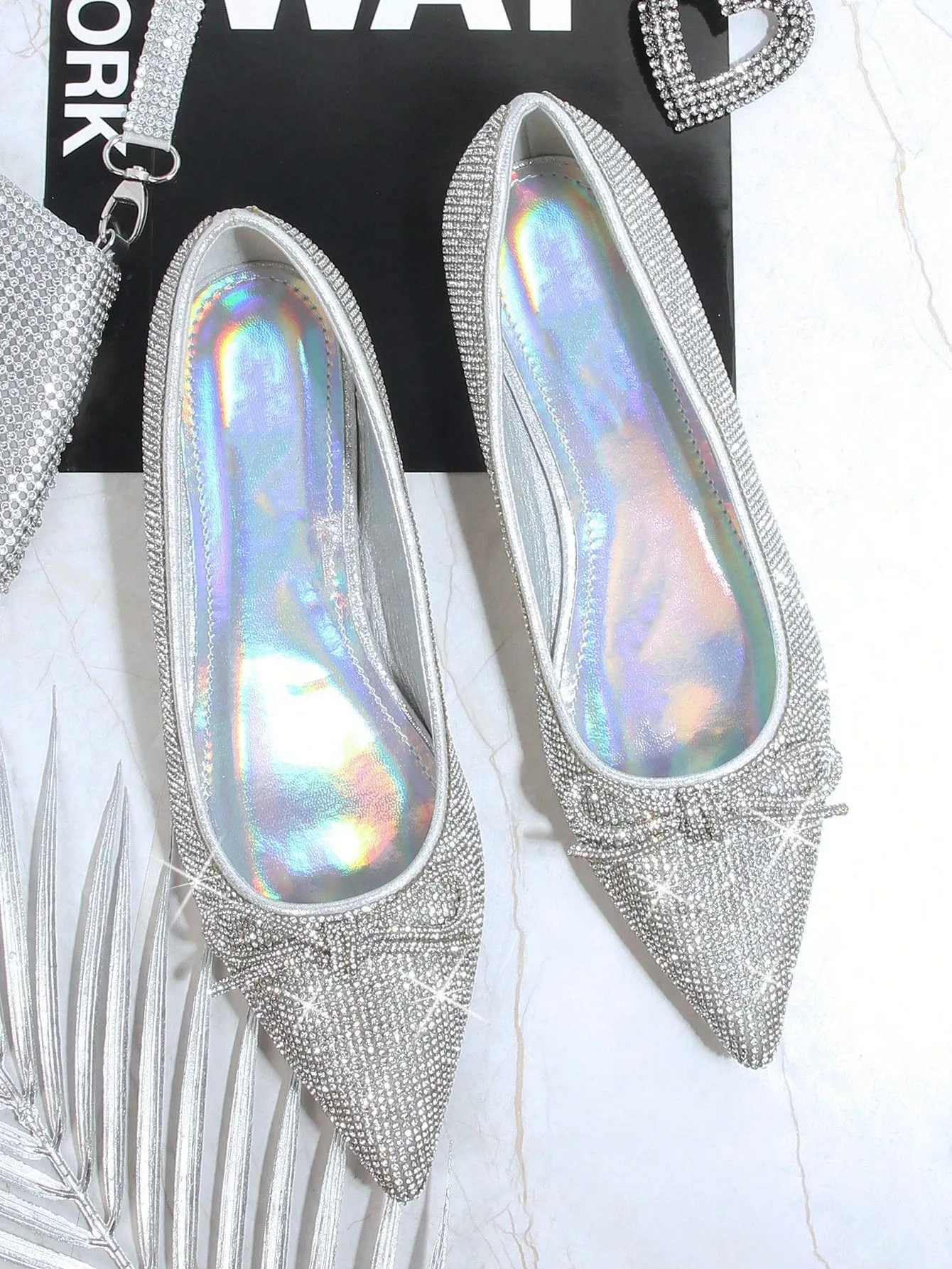 Rhinestone & Bow Decor Point Toe Ballet Flats