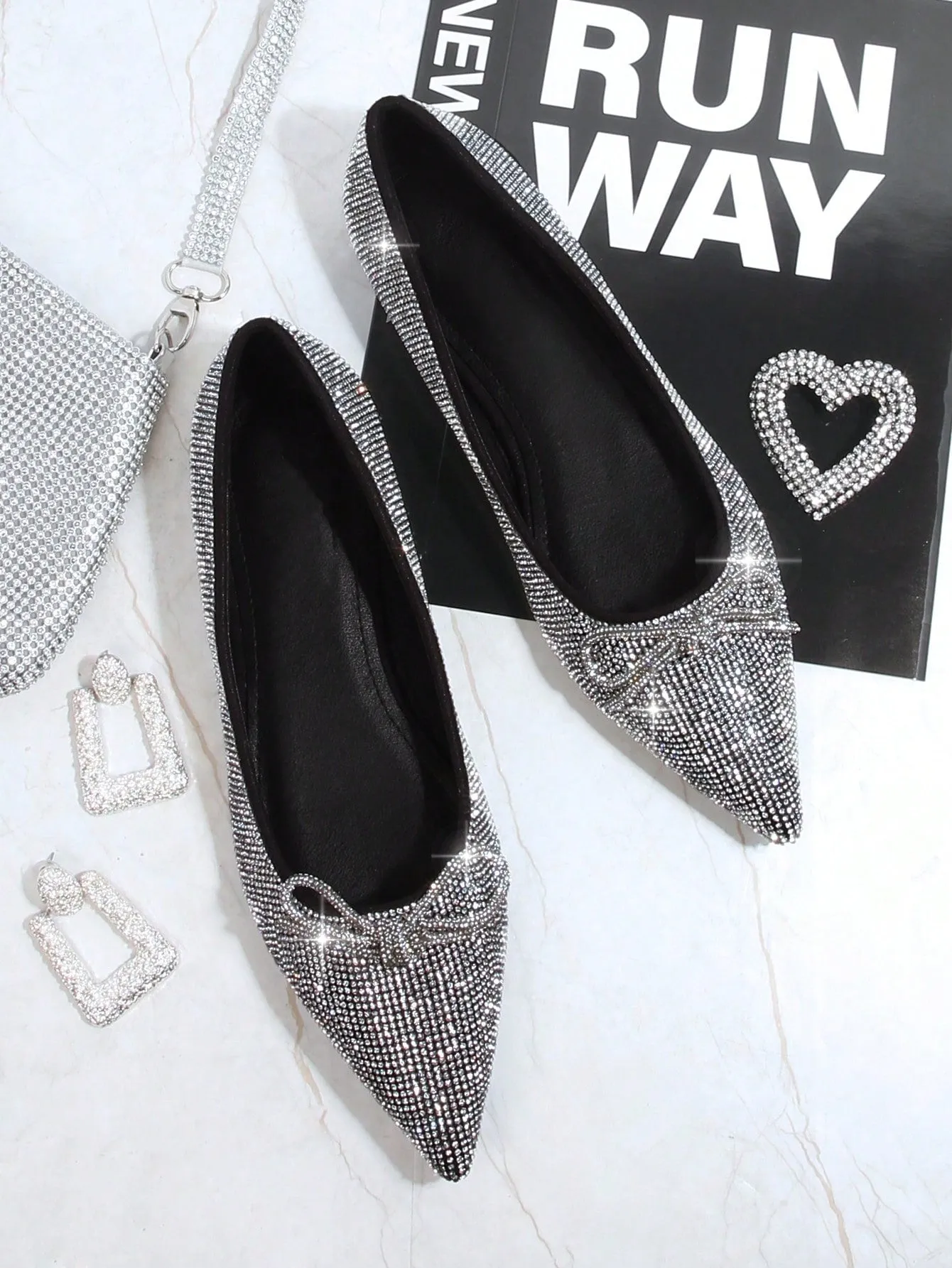 Rhinestone & Bow Decor Point Toe Ballet Flats