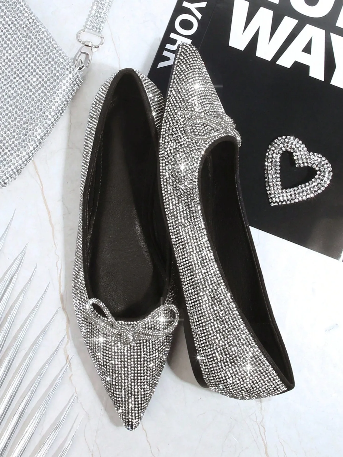 Rhinestone & Bow Decor Point Toe Ballet Flats