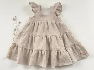 Sand-Brown Double Gauze Flutters Sleeve Dress