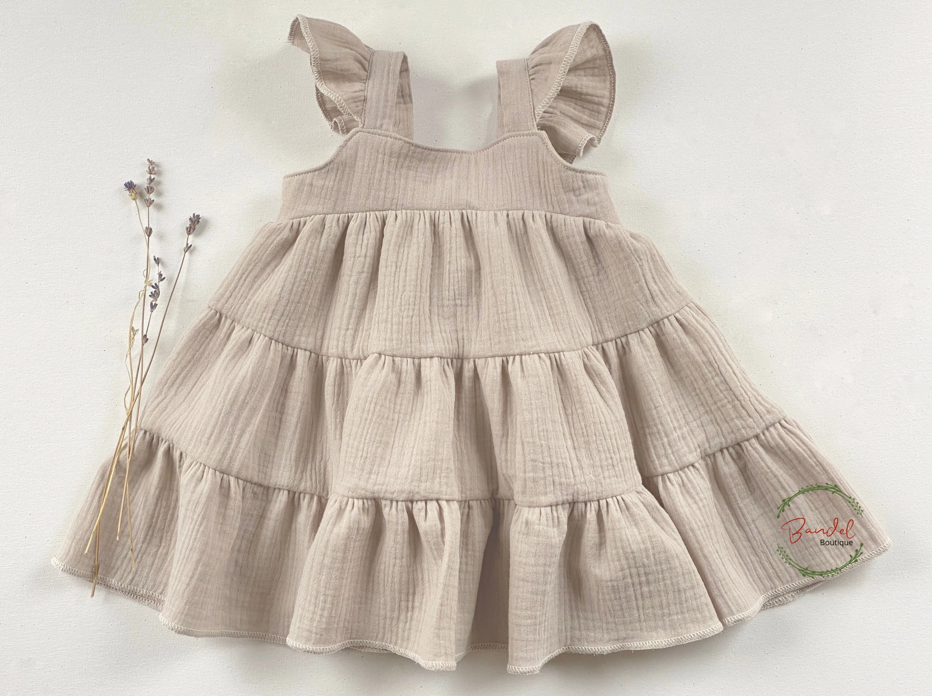 Sand-Brown Double Gauze Flutters Sleeve Dress