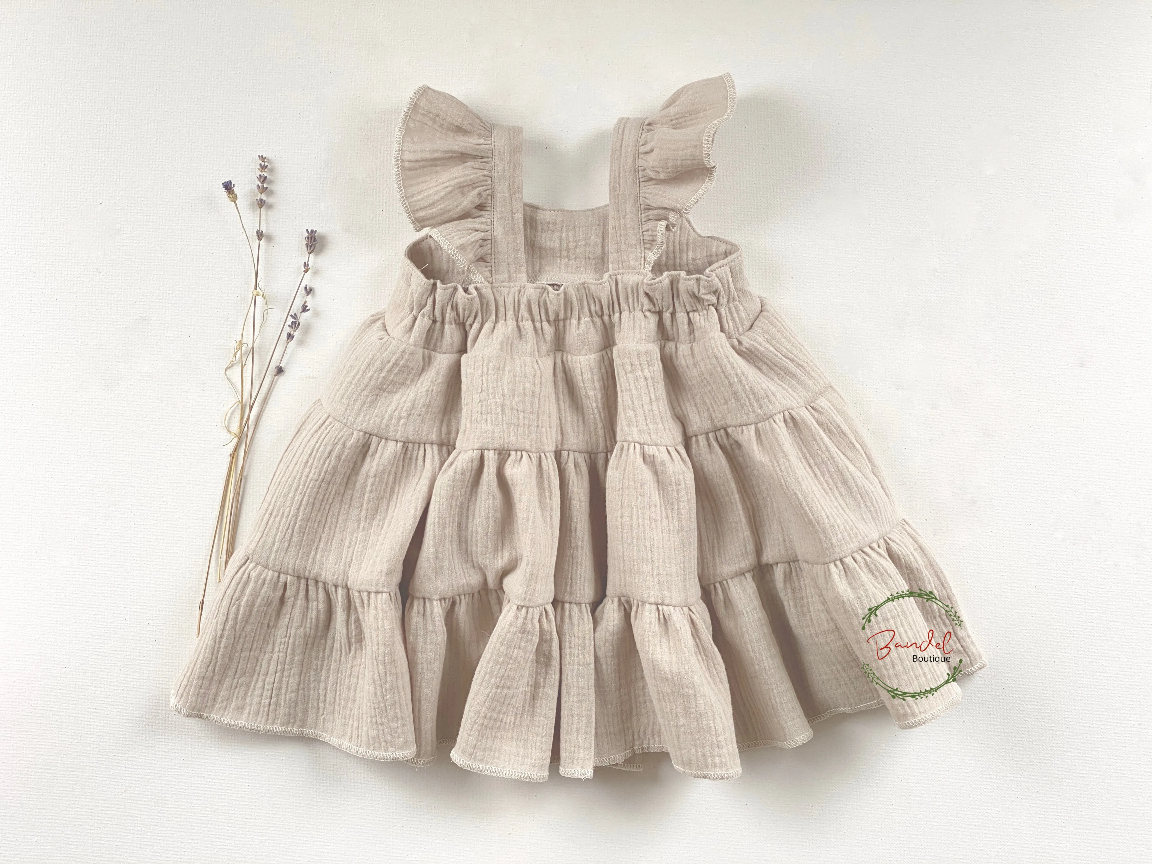 Sand-Brown Double Gauze Flutters Sleeve Dress