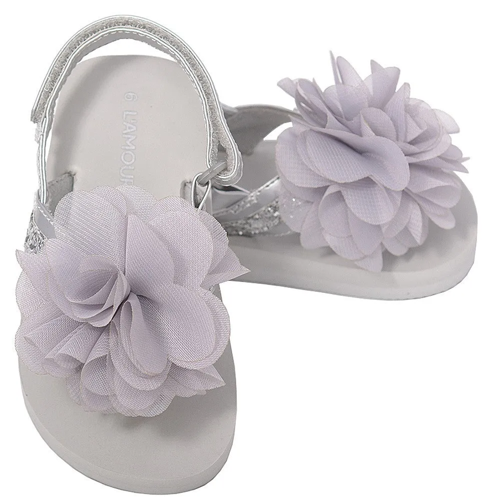 Silver Sequin Strap Flower Flip Flop Sandals Toddler Girl 5-10