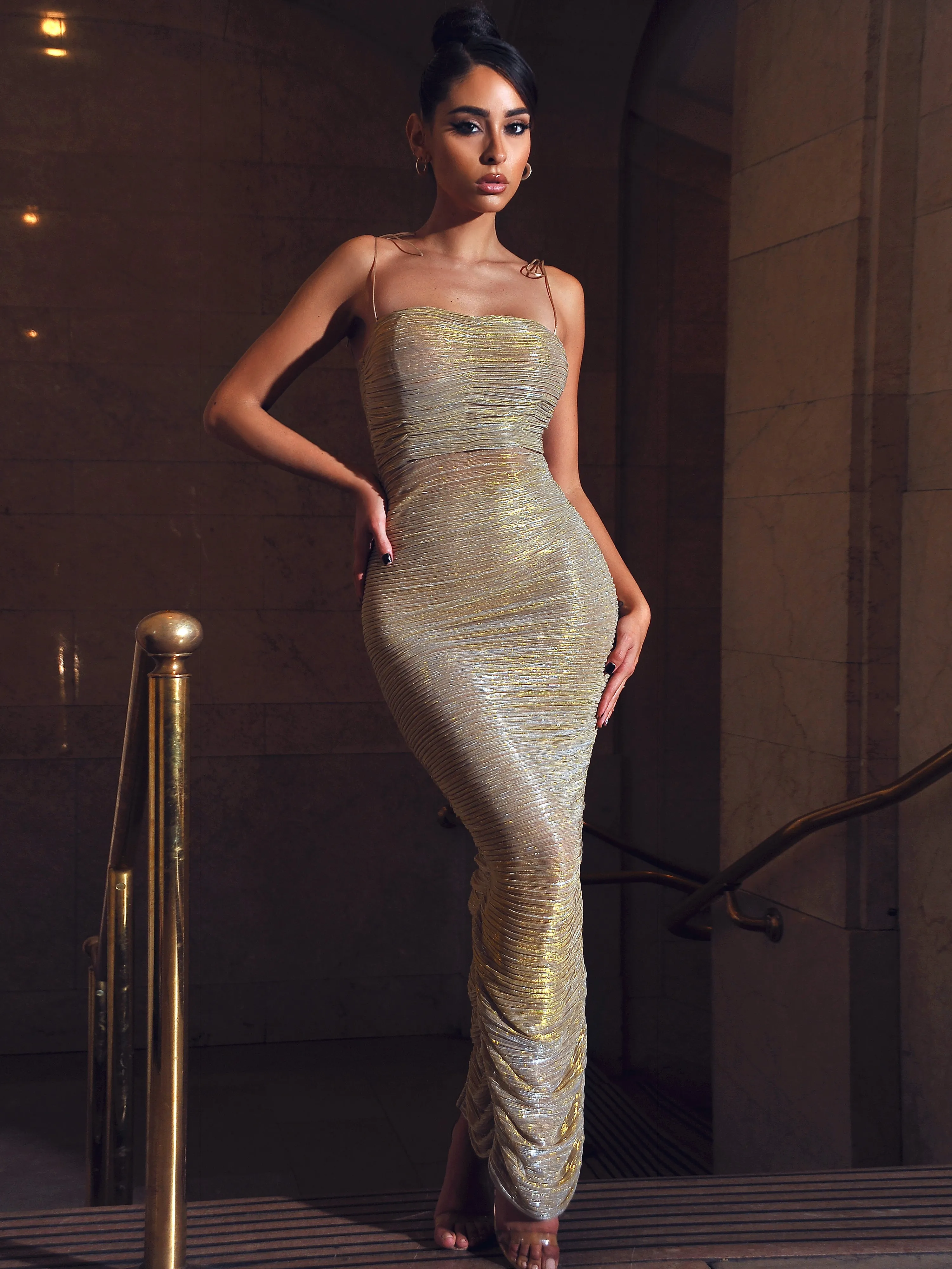 The Glint Gold Ruched Graceful Chiffon Long Maxi Dress