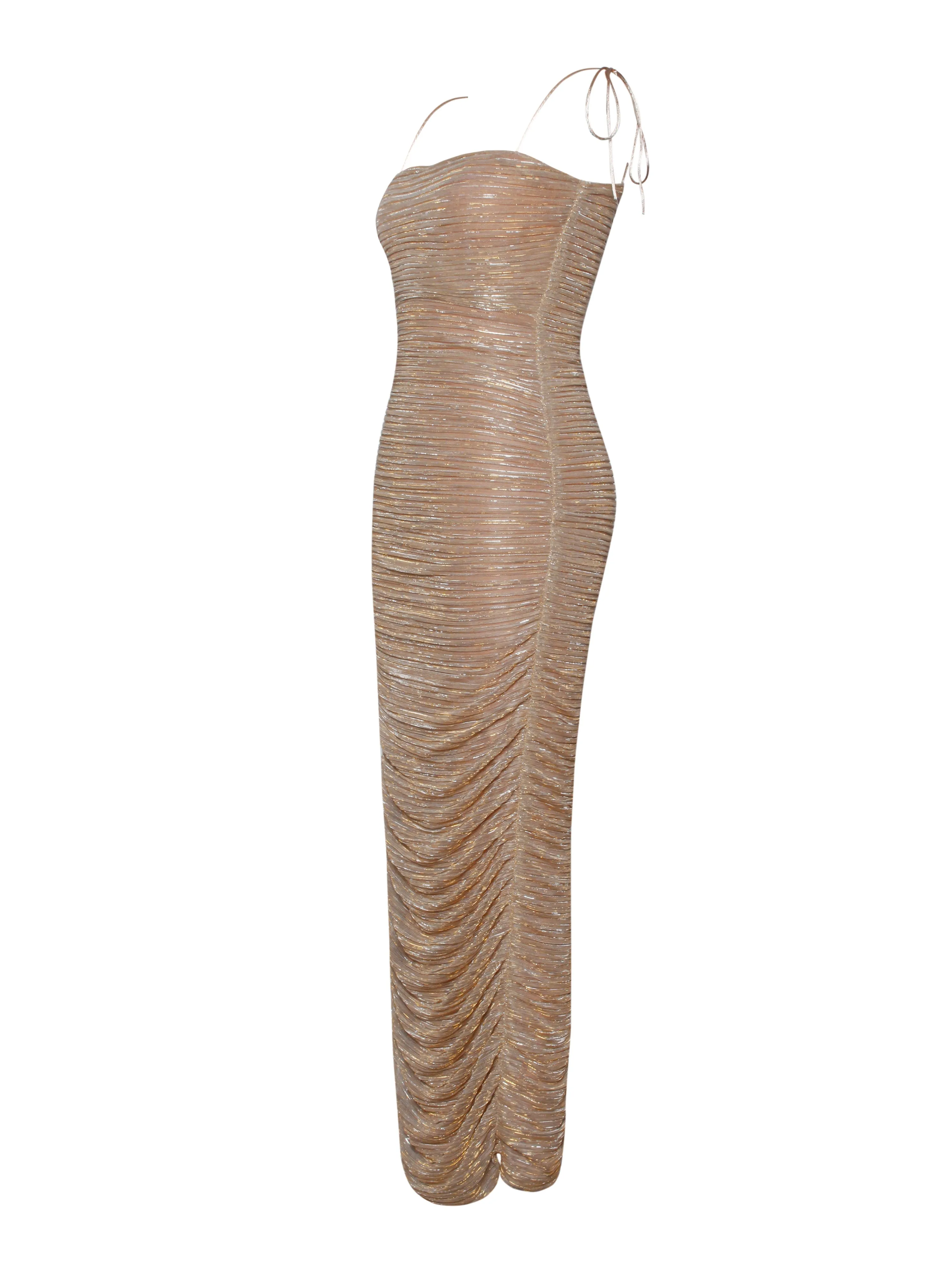 The Glint Gold Ruched Graceful Chiffon Long Maxi Dress