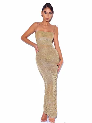 The Glint Gold Ruched Graceful Chiffon Long Maxi Dress