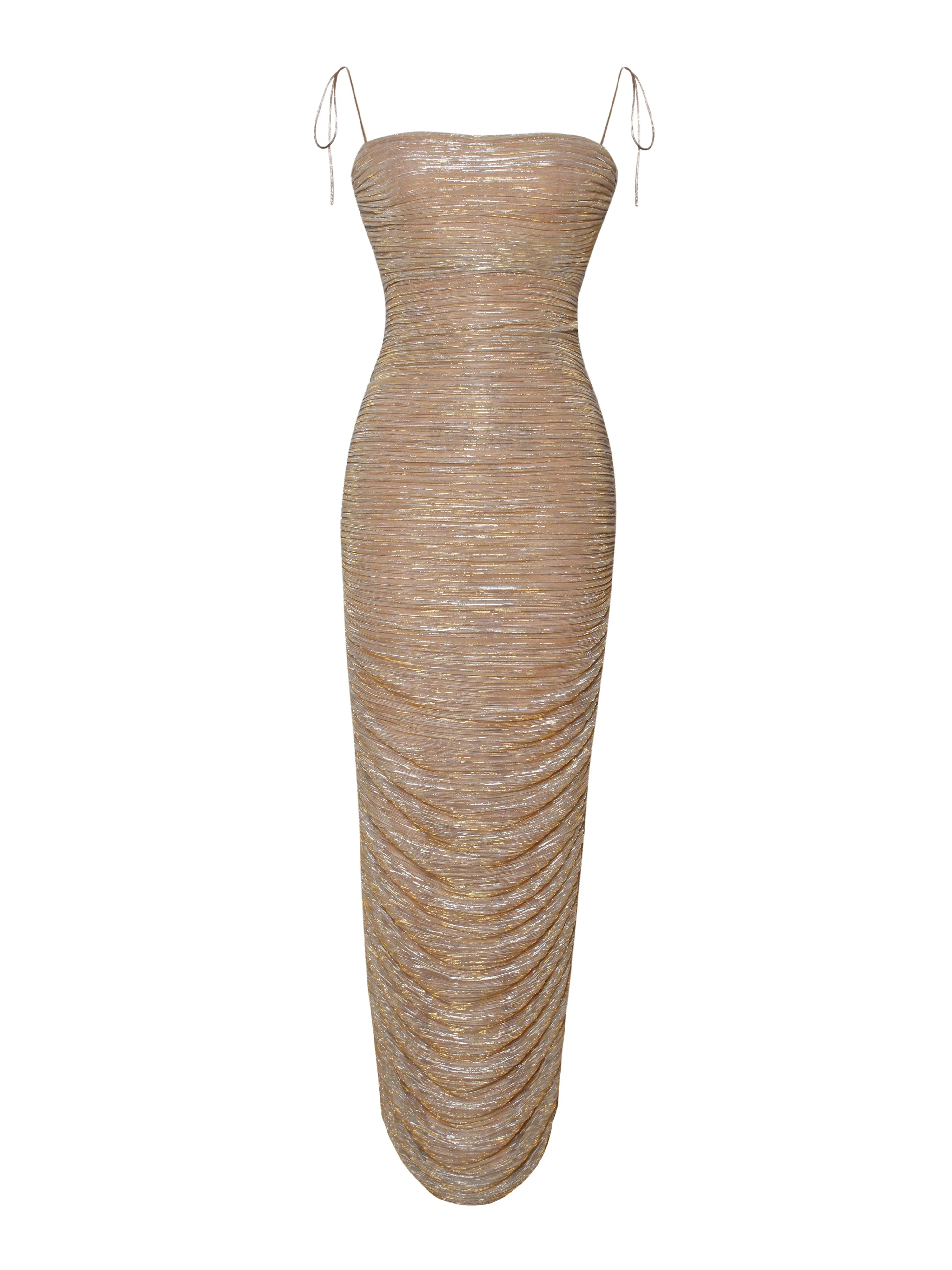 The Glint Gold Ruched Graceful Chiffon Long Maxi Dress