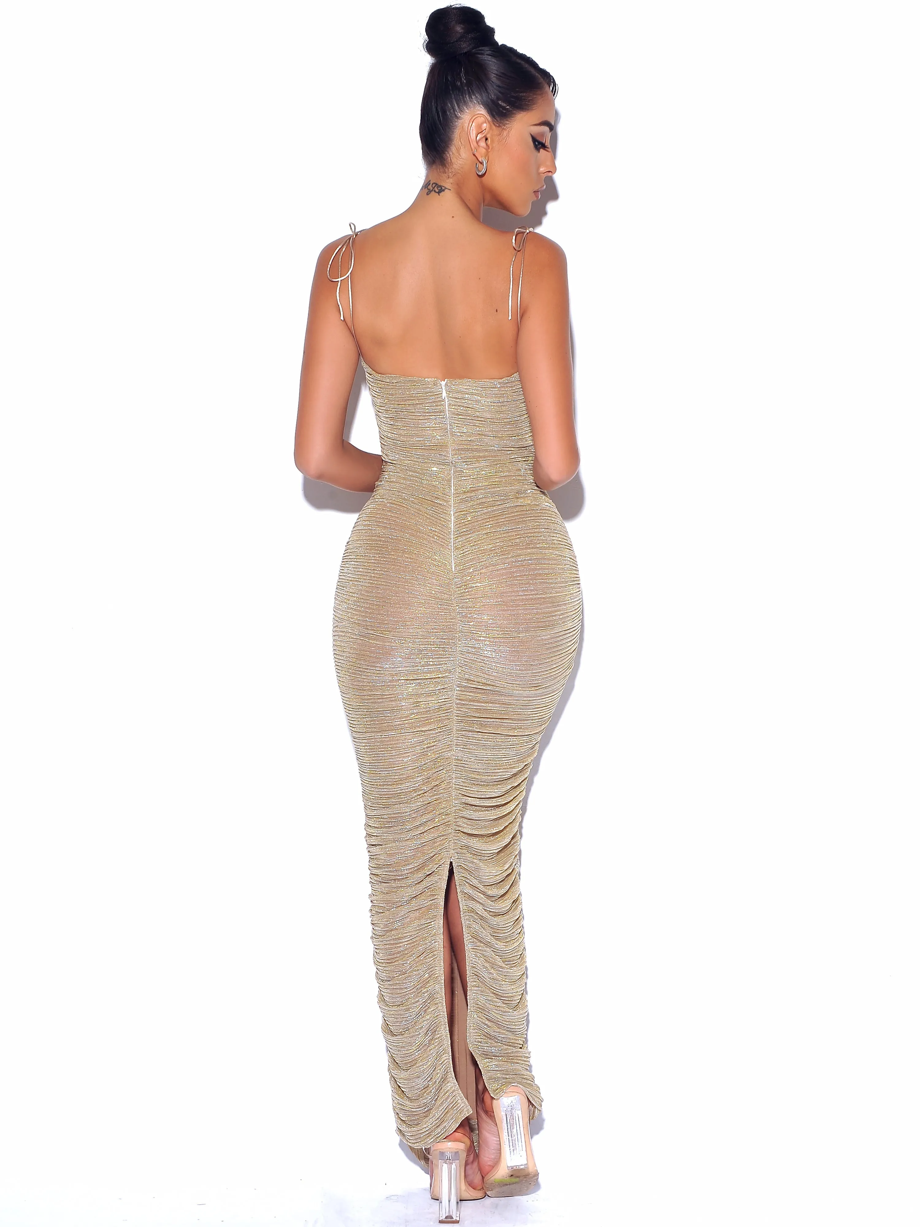 The Glint Gold Ruched Graceful Chiffon Long Maxi Dress