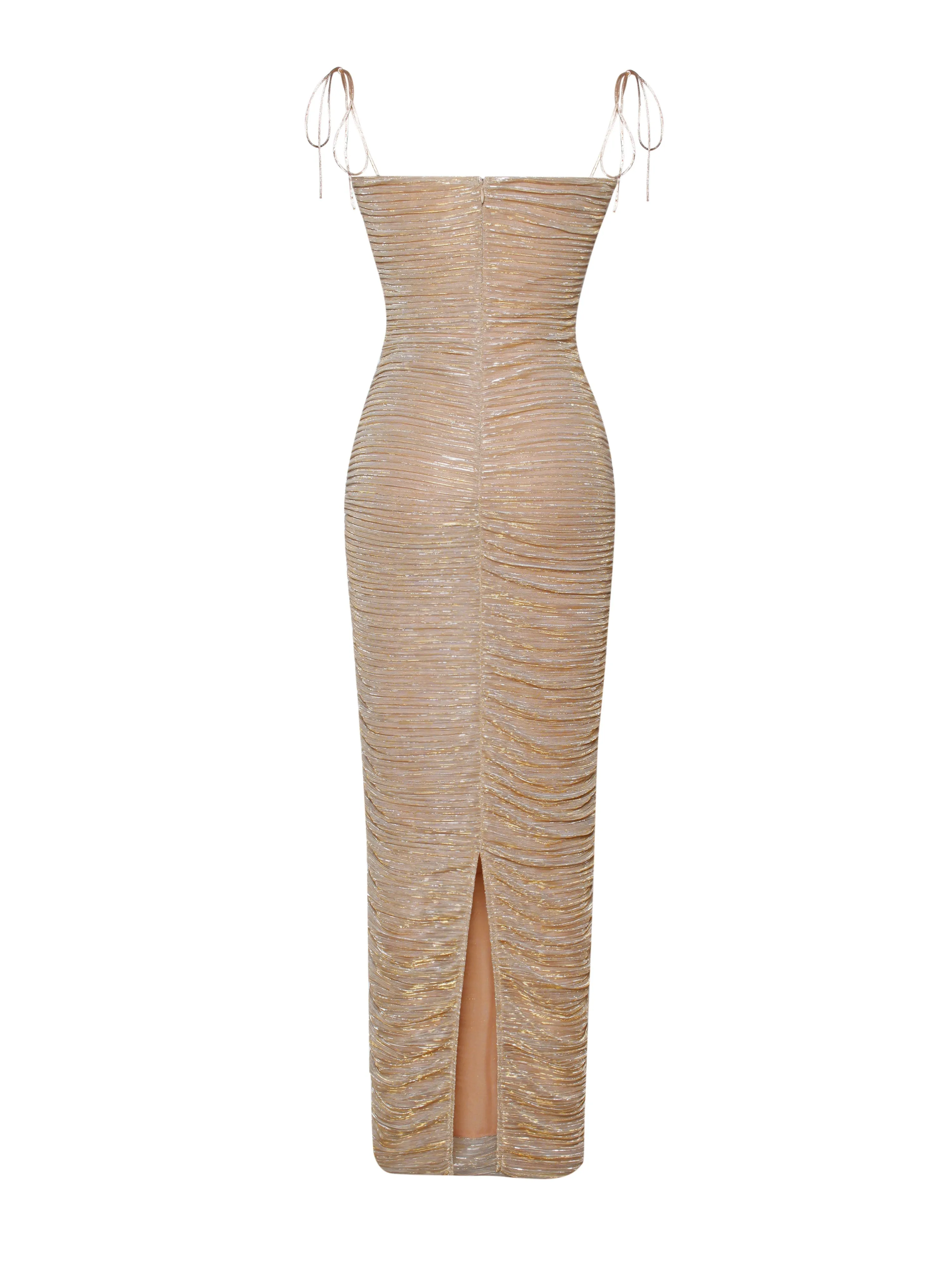 The Glint Gold Ruched Graceful Chiffon Long Maxi Dress