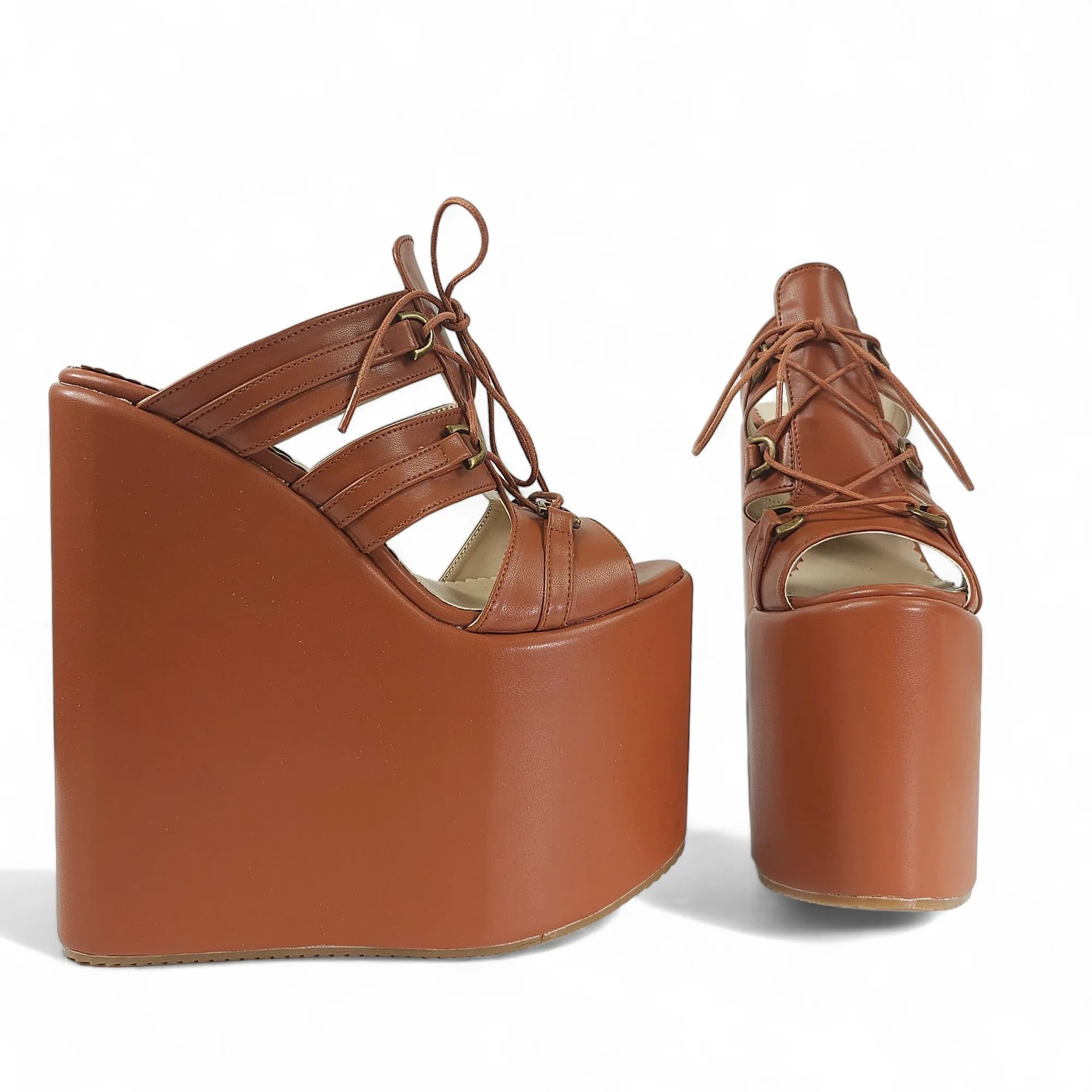 Tobacco Brown Lace Detail Platform Wedge Slip Ons