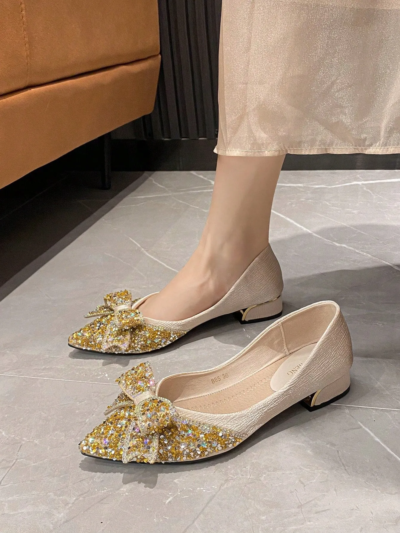 Women Rhinestone & Bow Decor Point Toe Flats, Glamorous Fabric Flats For Party