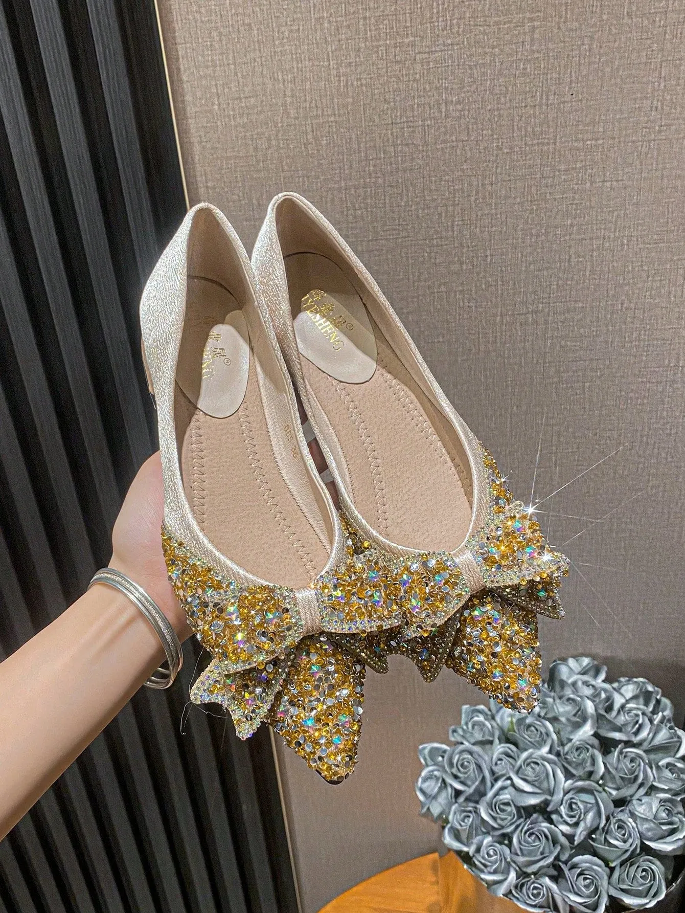 Women Rhinestone & Bow Decor Point Toe Flats, Glamorous Fabric Flats For Party